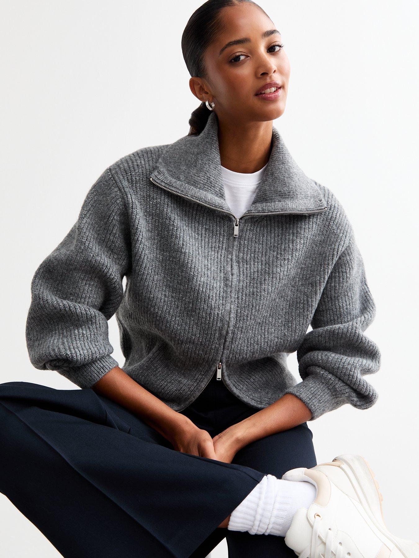 new-look-dark-grey-rib-knit-high-neck-cardigan