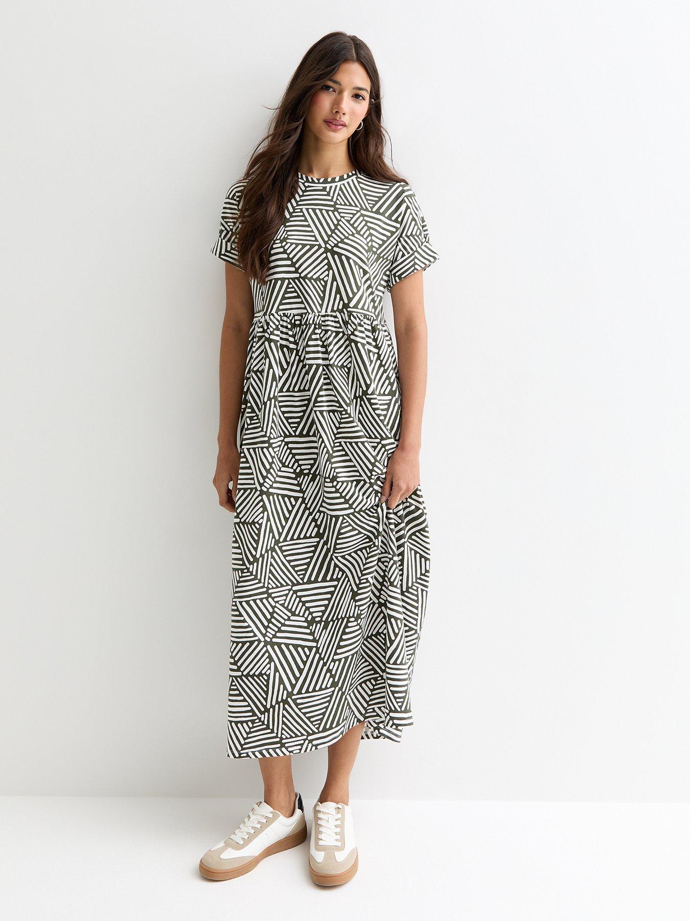 new-look-green-cotton-geometric-print-smock-midi-dressfront