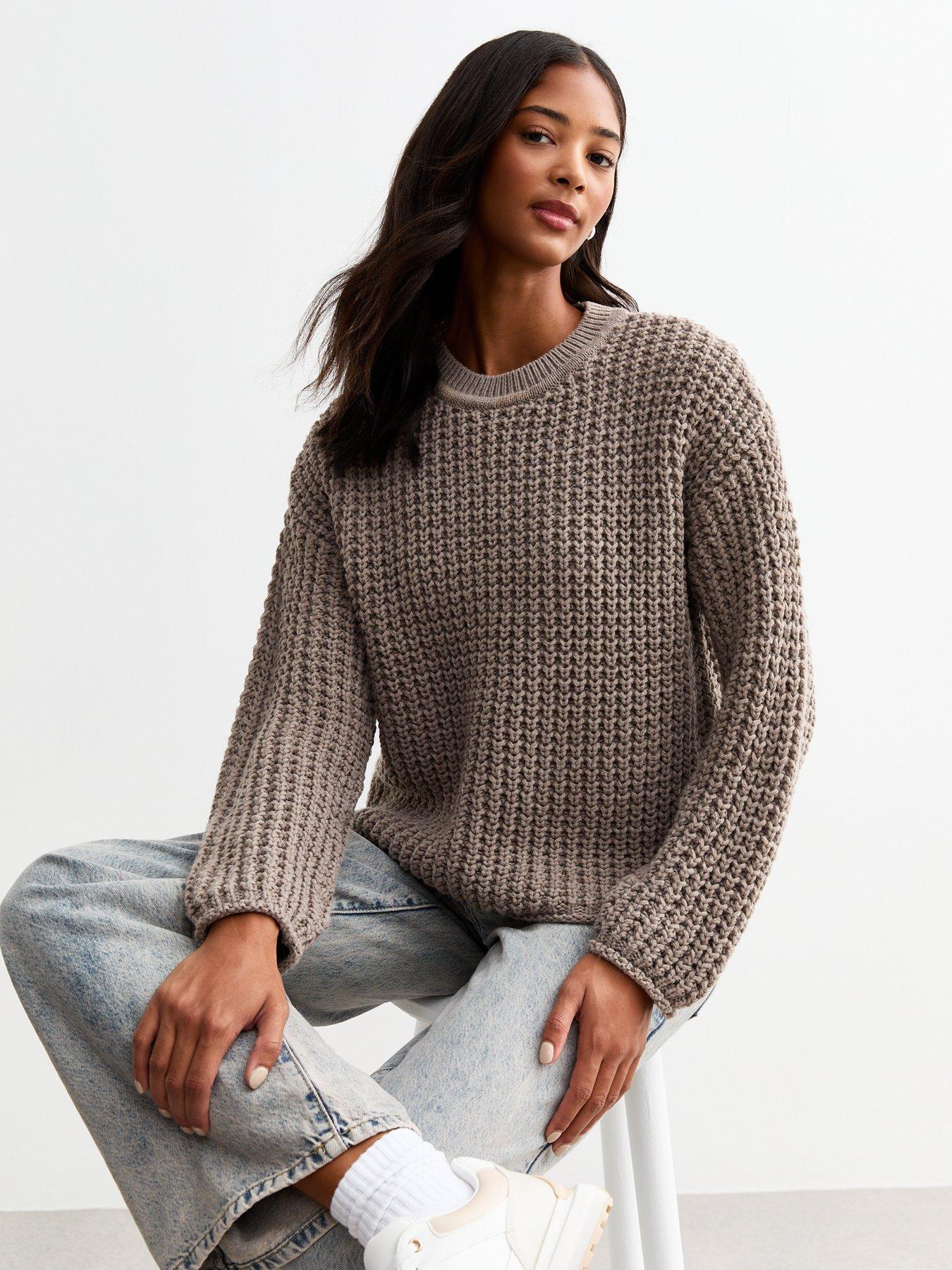 new-look-moss-stitch-crew-neck-jumper-brown