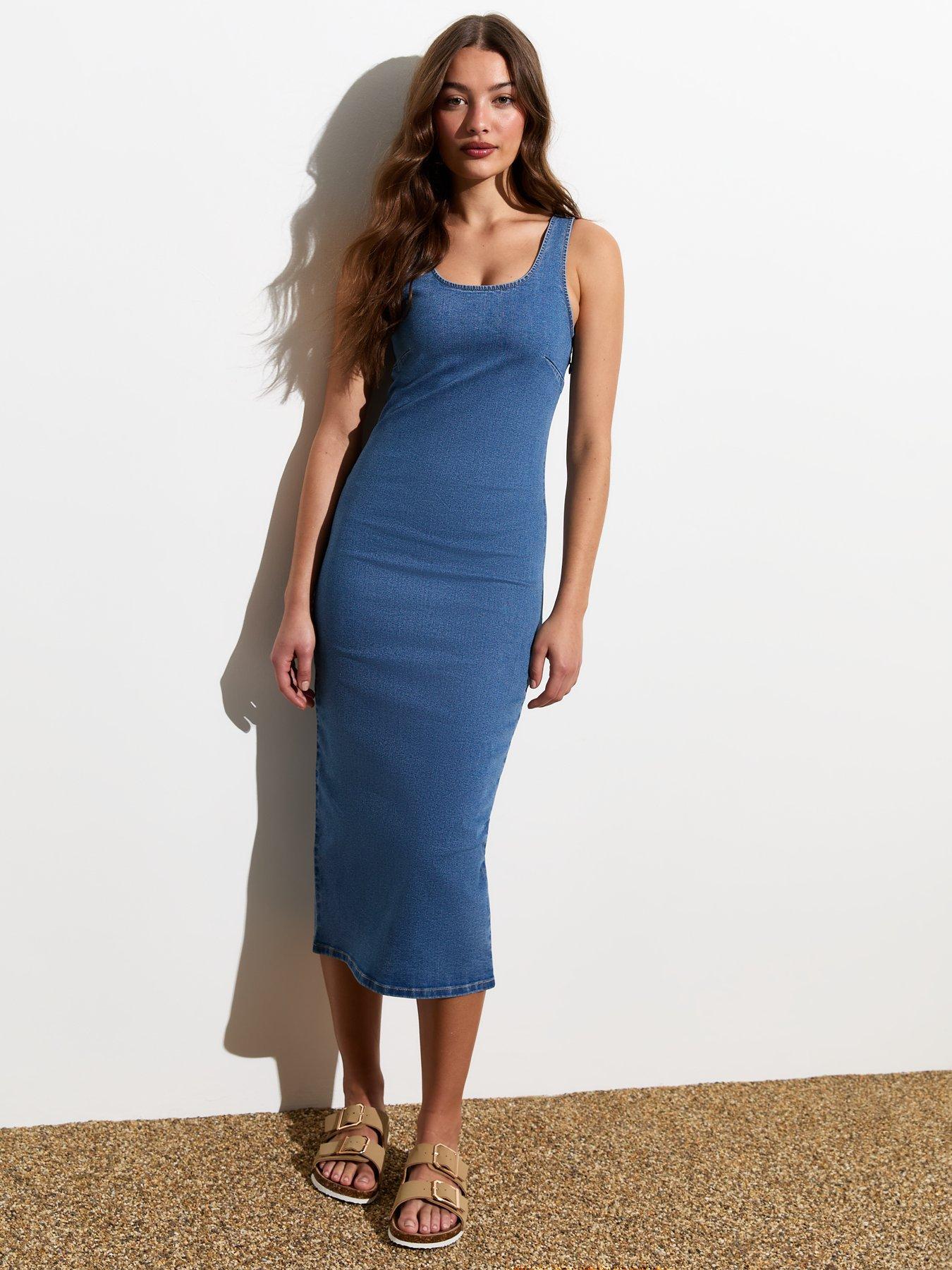 new-look-blue-stretch-denim-bodycon-midi-dressfront