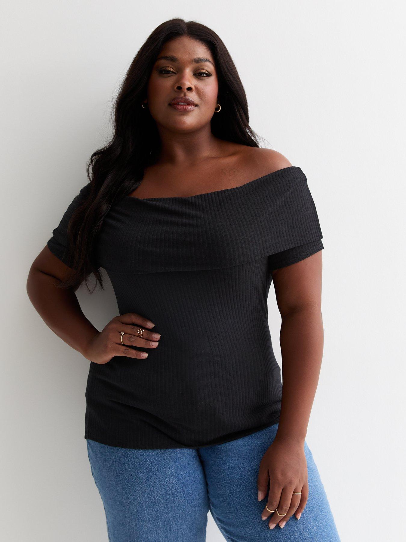 Curves Black Ribbed Short Sleeve Bardot Top