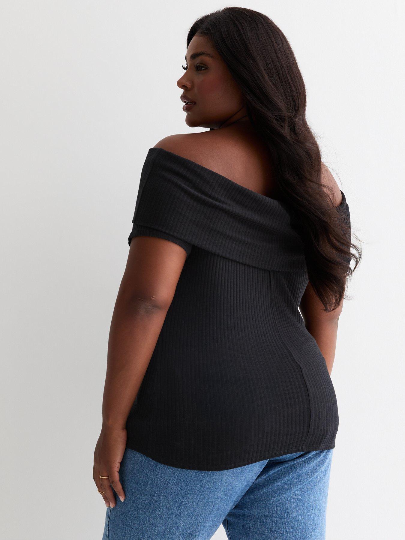 new-look-curves-black-ribbed-short-sleeve-bardot-topstillFront