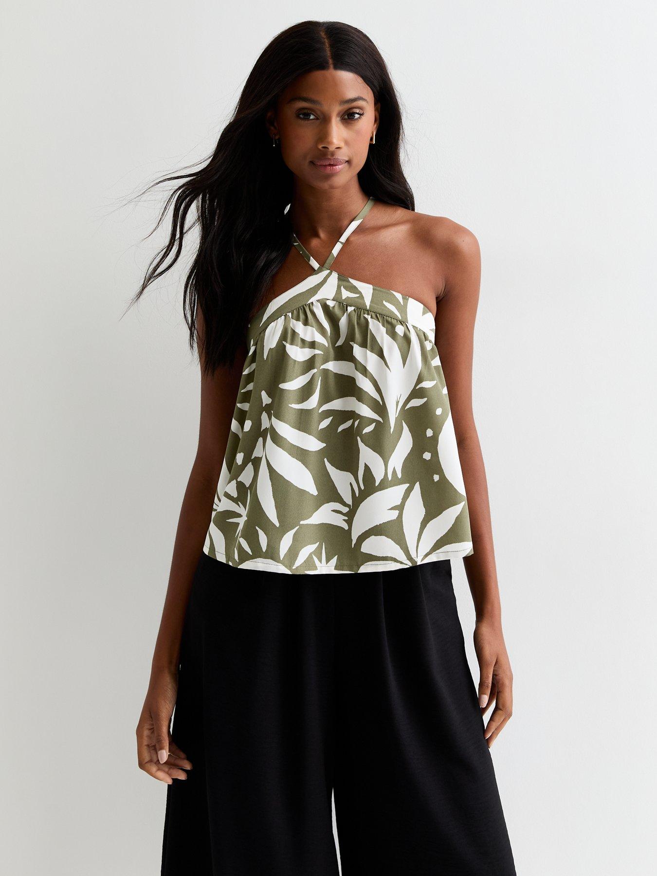 new-look-green-palm-print-halter-neck-cami-top