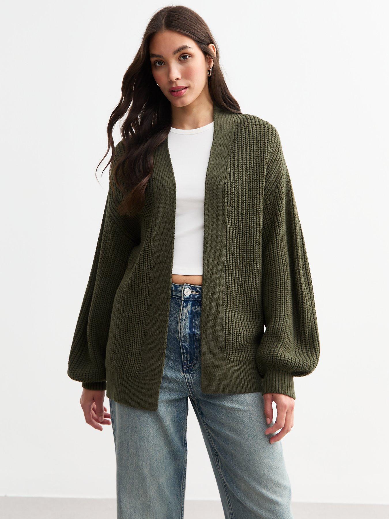 new-look-khaki-balloon-sleeve-chunky-knit-cardigan