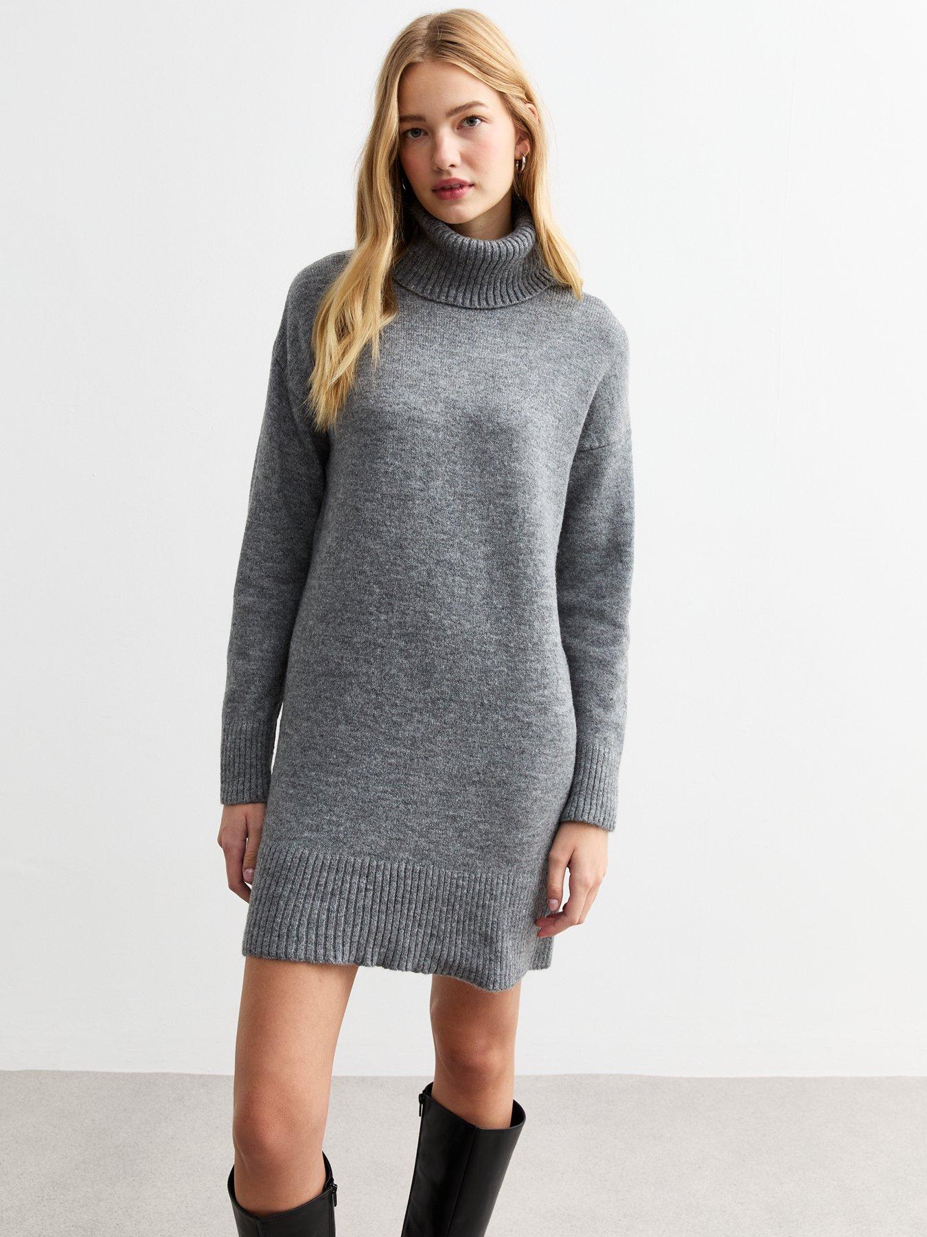 undefined Knit Roll Neck Mini Jumper Dress - Grey