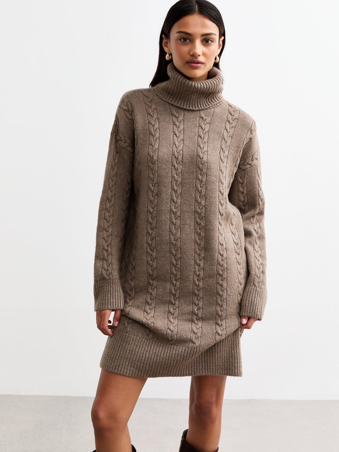 new-look-mink-cable-roll-neck-knit-mini-dress-brown