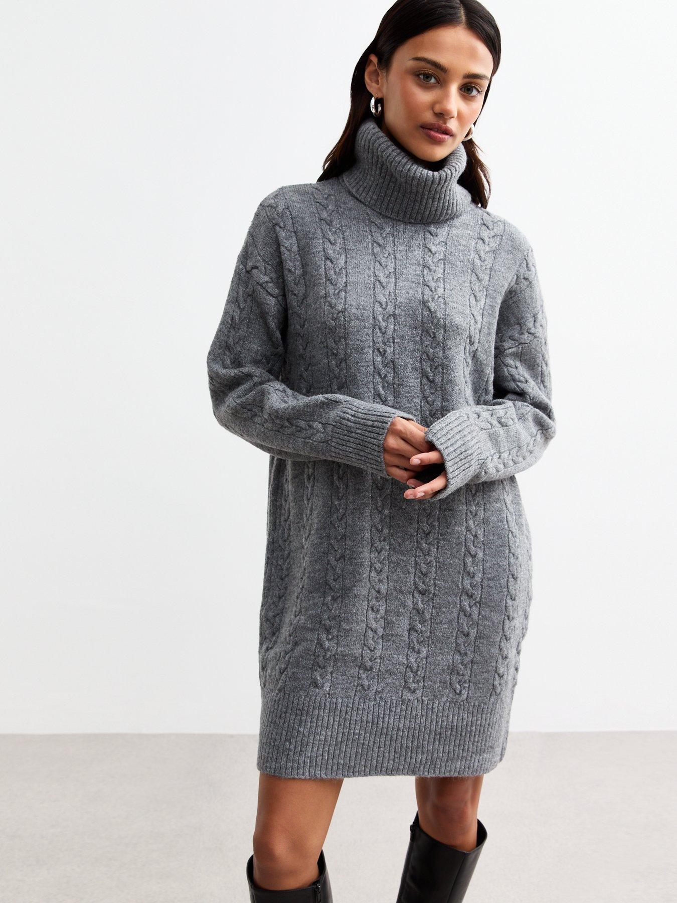 undefined Cable Roll Neck Knit Mini Dress - Grey