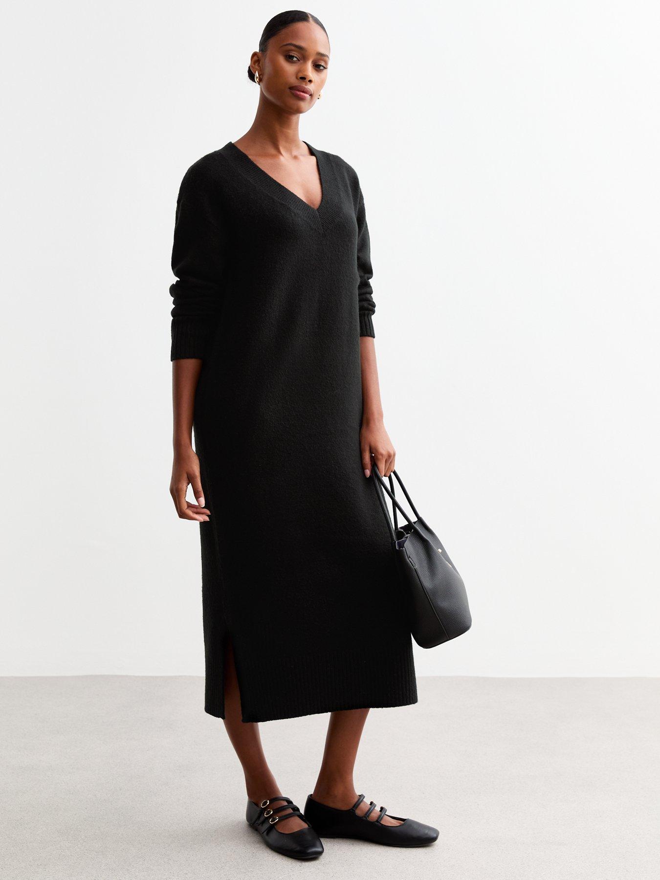 new-look-v-neck-knit-midi-jumper-dress-black