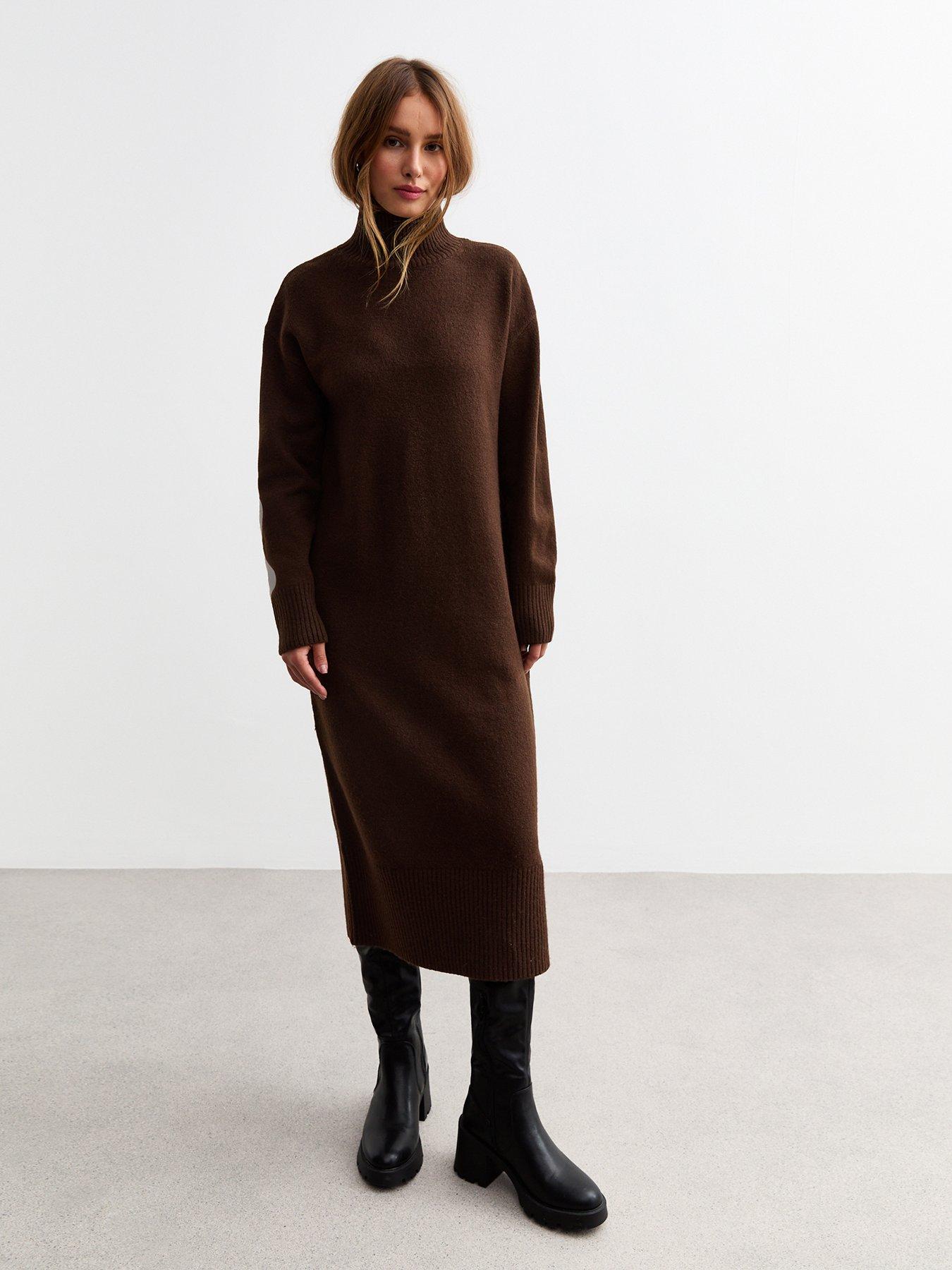 new-look-brown-knit-high-neck-midi-dress-dark-brown