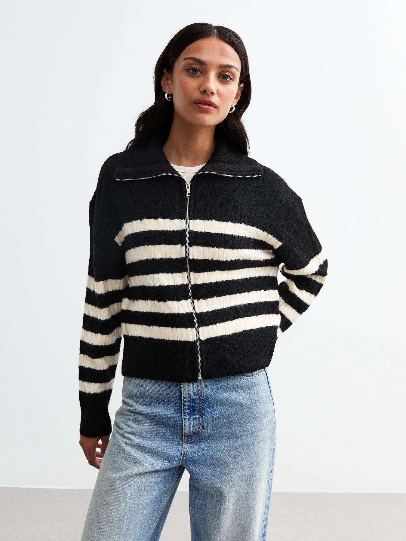 new-look-striped-cable-knit-zip-through-cardigan-black