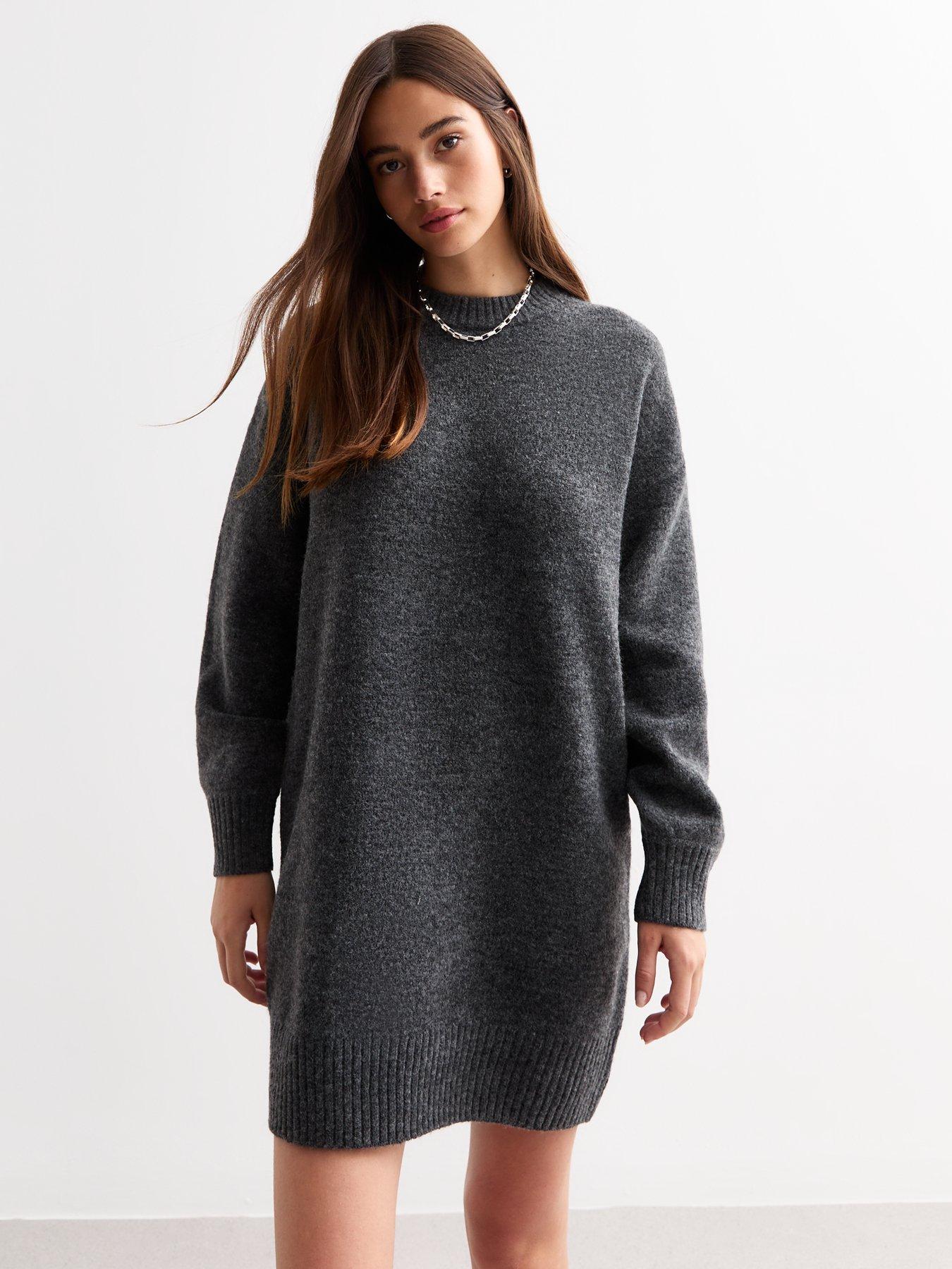 new-look-crew-neck-knitted-mini-dress-grey