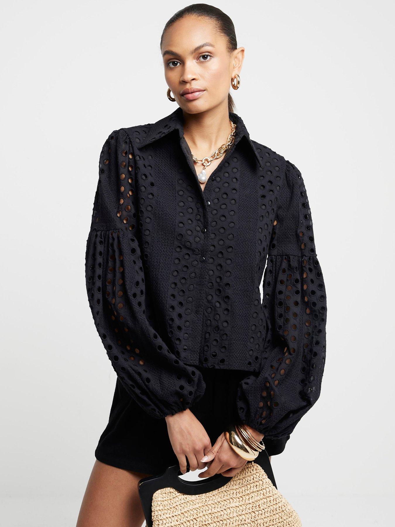 Image 1 of 6 of River Island Broderie Puff Sleeve Shirt - Black