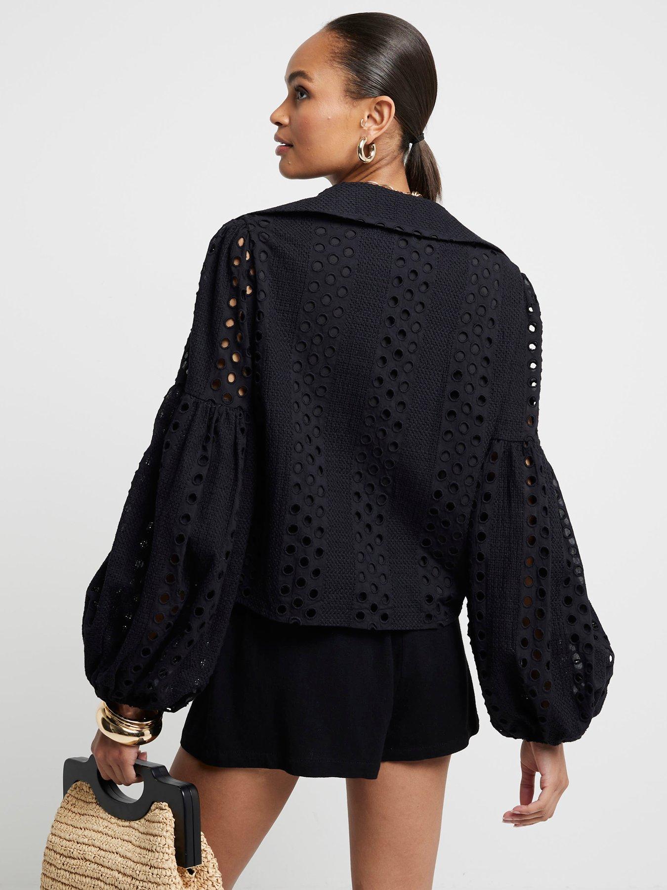 Image 2 of 6 of River Island Broderie Puff Sleeve Shirt - Black