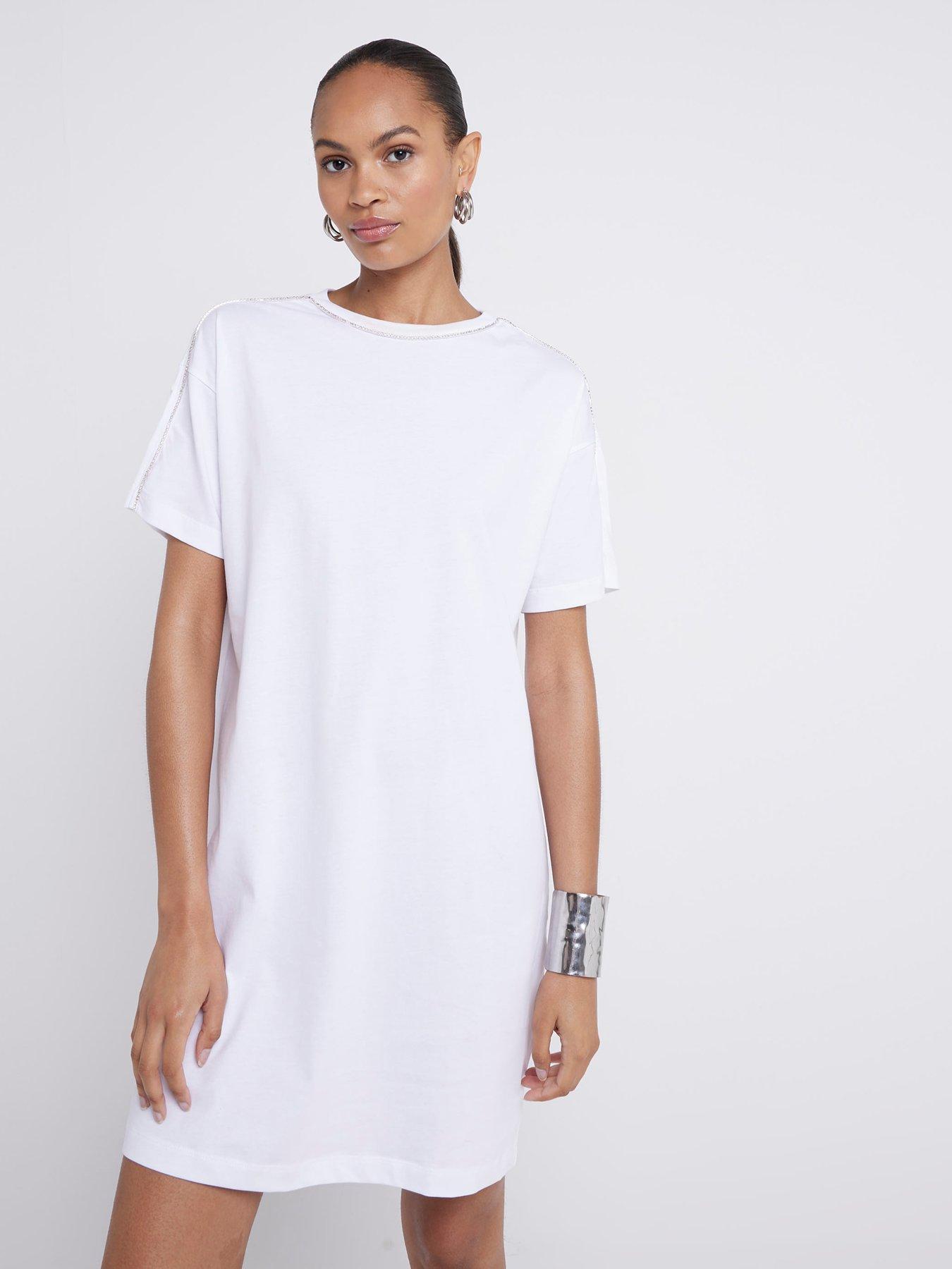 River Island Diamante Neck T-shirt Dress - White
