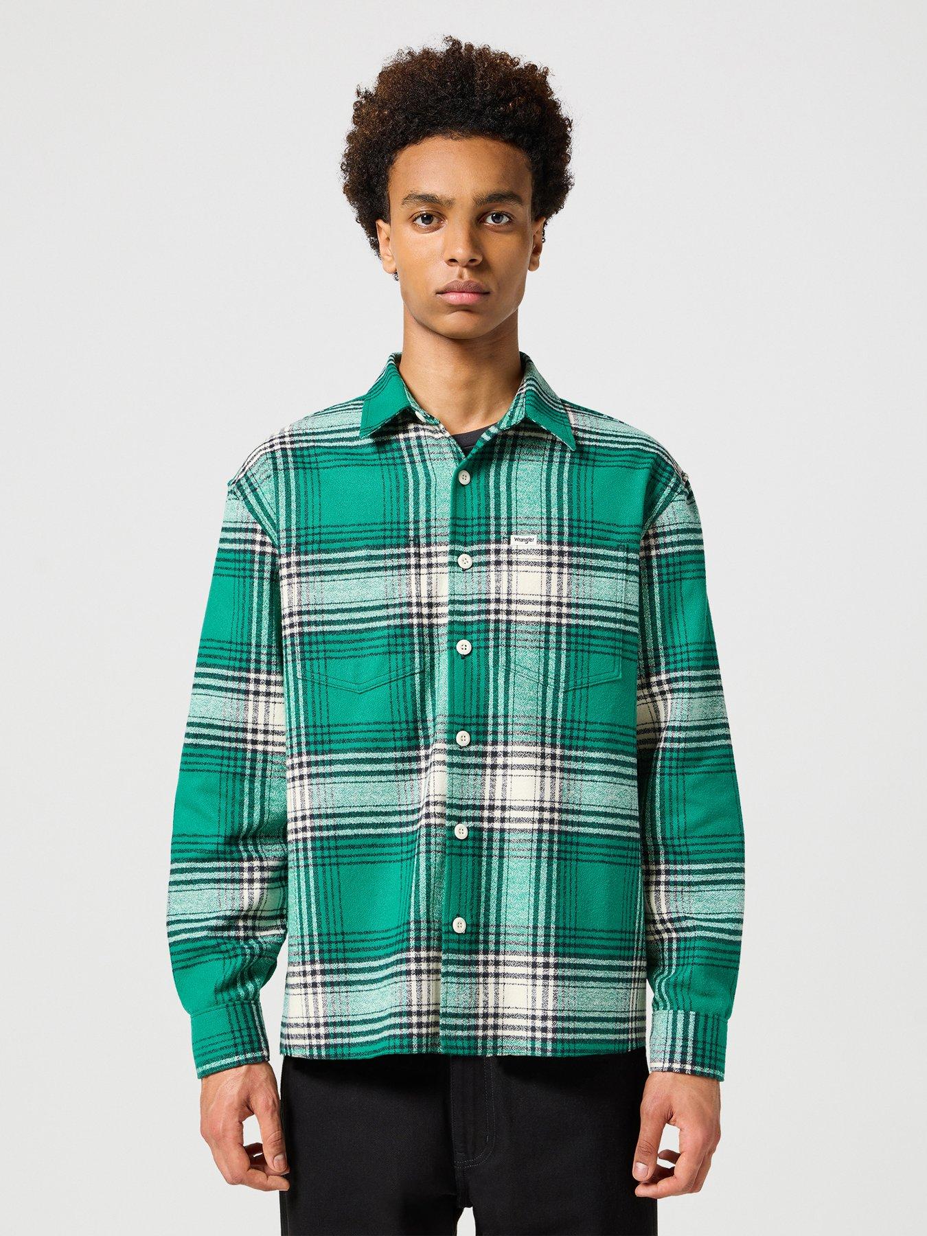 wrangler-long-sleeve-frayed-hem-flannel-check-shirt-green