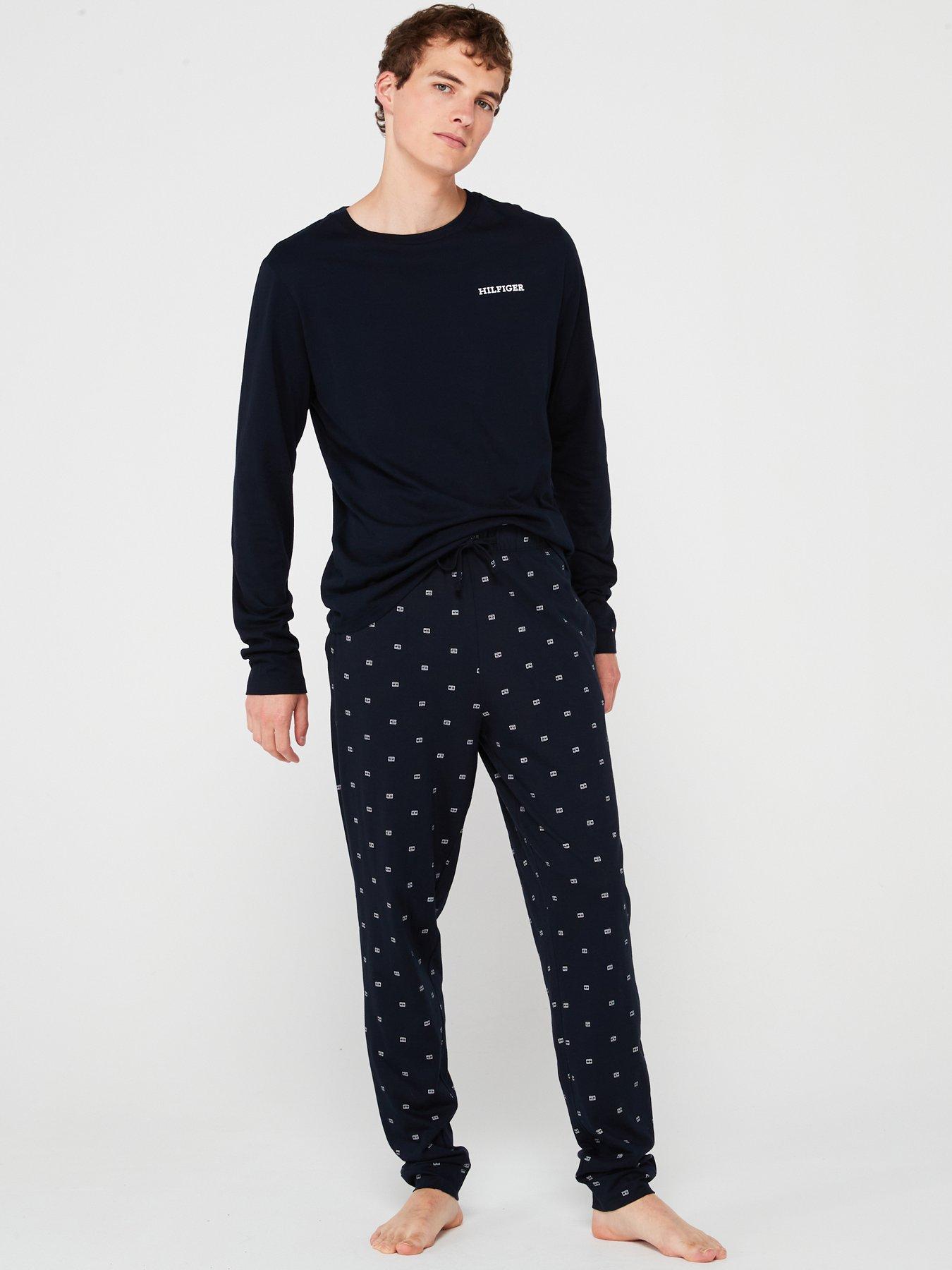 tommy-hilfiger-tommy-hilfiger-monotype-long-sleeve-top-amp-check-bottom-jersey-pyjama-set-navy