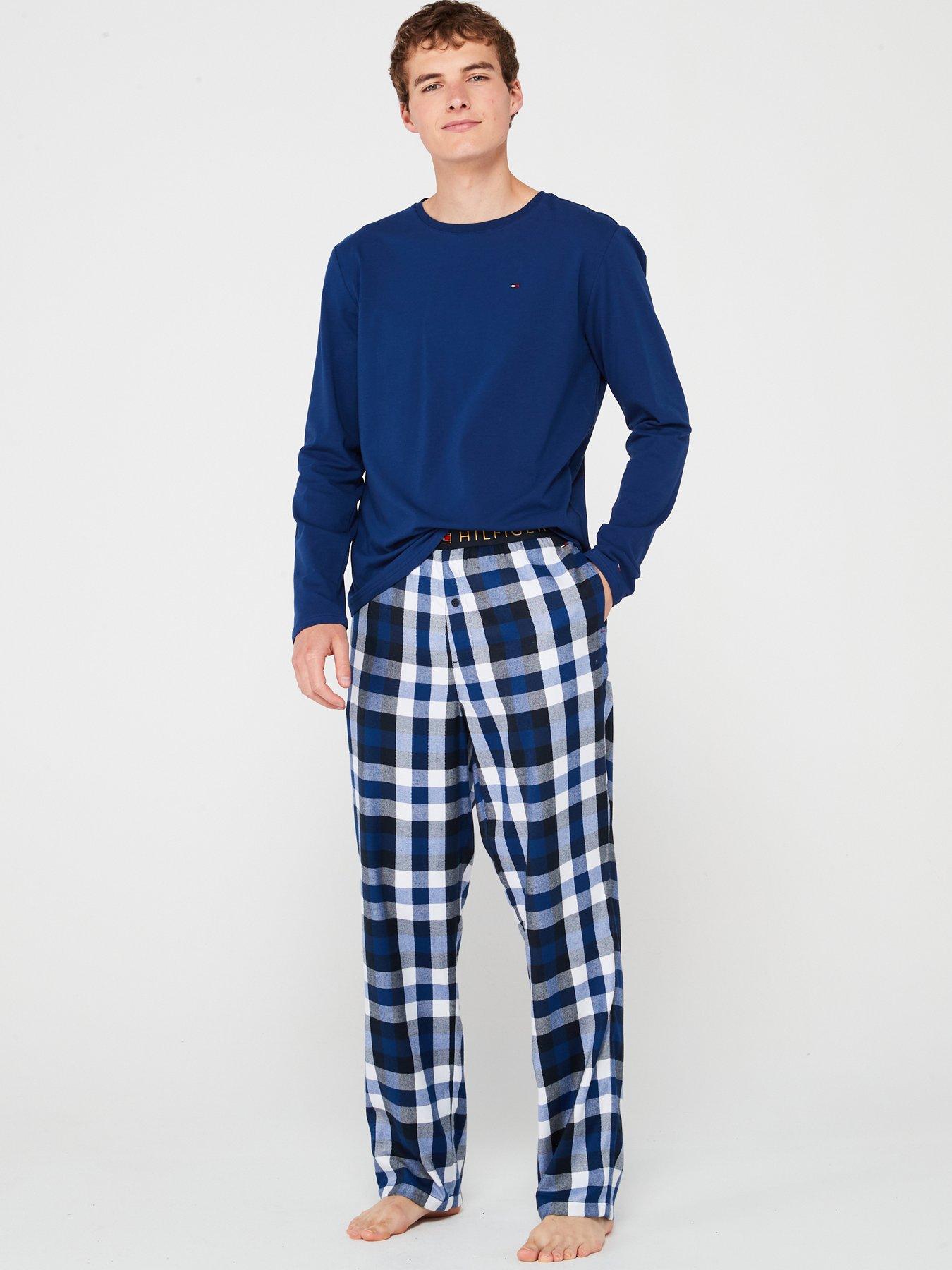 tommy-hilfiger-tommy-hilfiger-original-long-sleeve-top-amp-check-bottom-jersey-slippers-amp-pyjamas-gift-set-blue