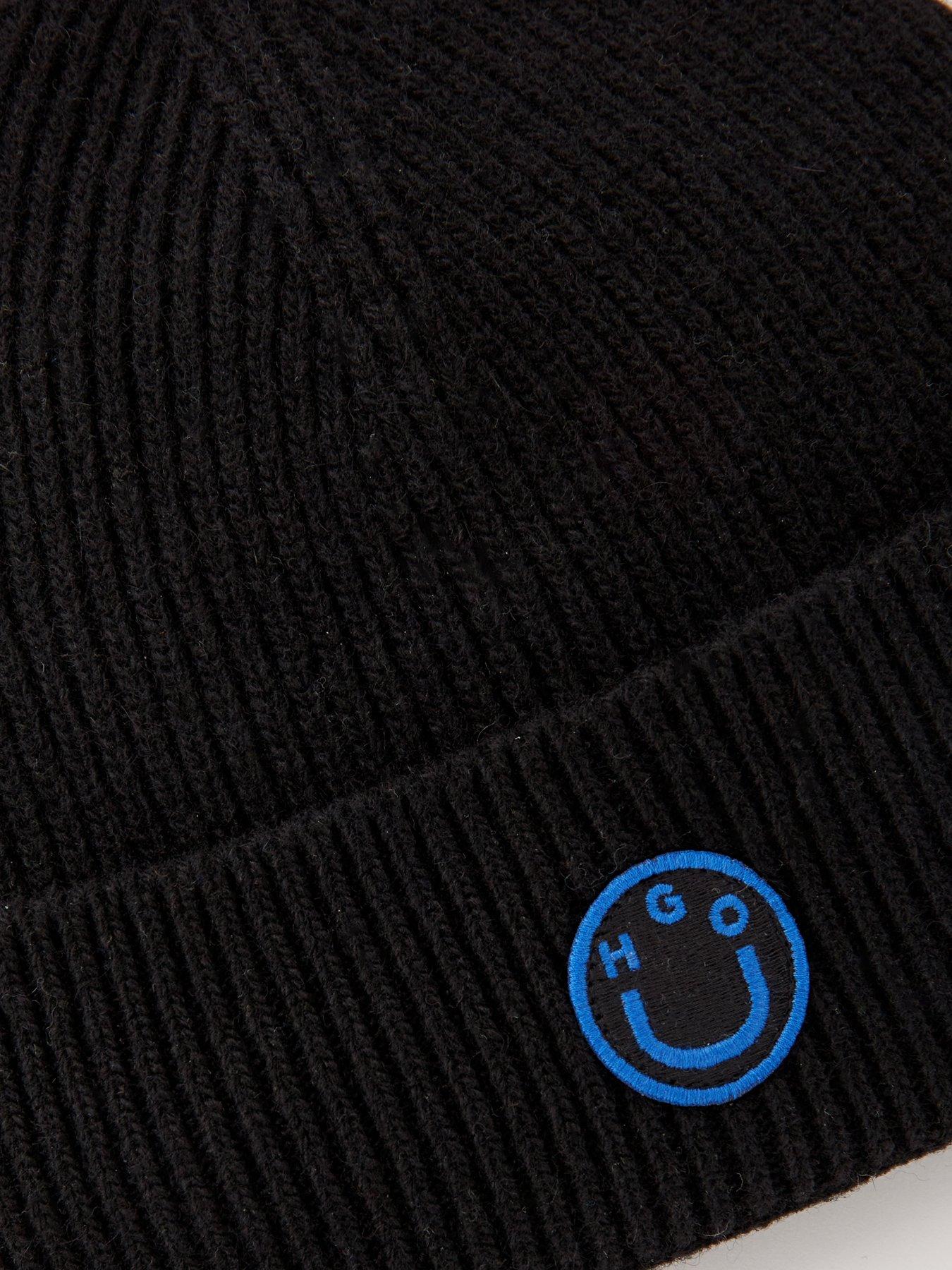 hugo-hugo-blue-xafi-smiley-beanie-hat-blackoutfit