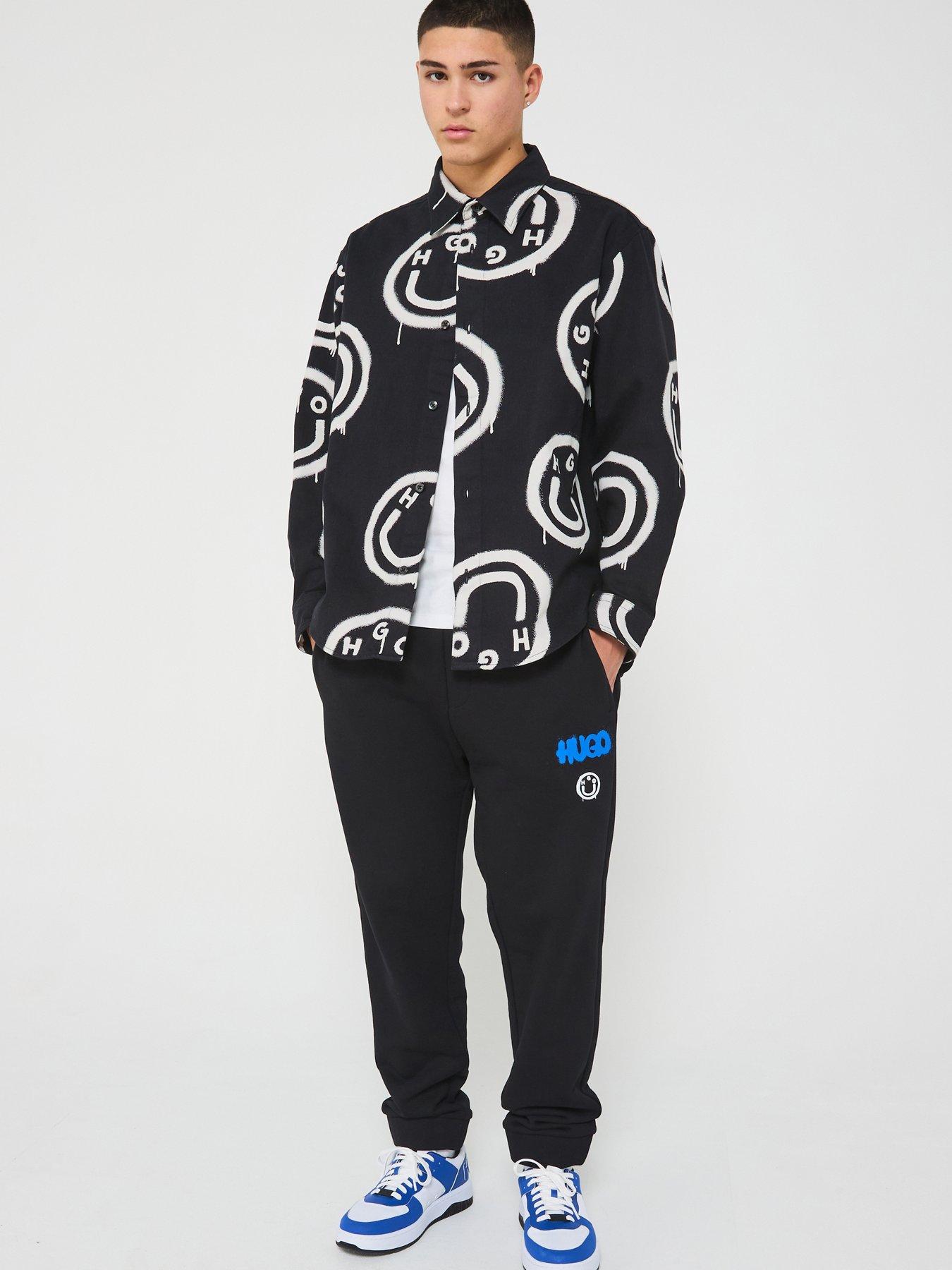 Image 1 of 5 of HUGO Blue Ebolt Oversize Fit Smiley Denim Shirt - Black