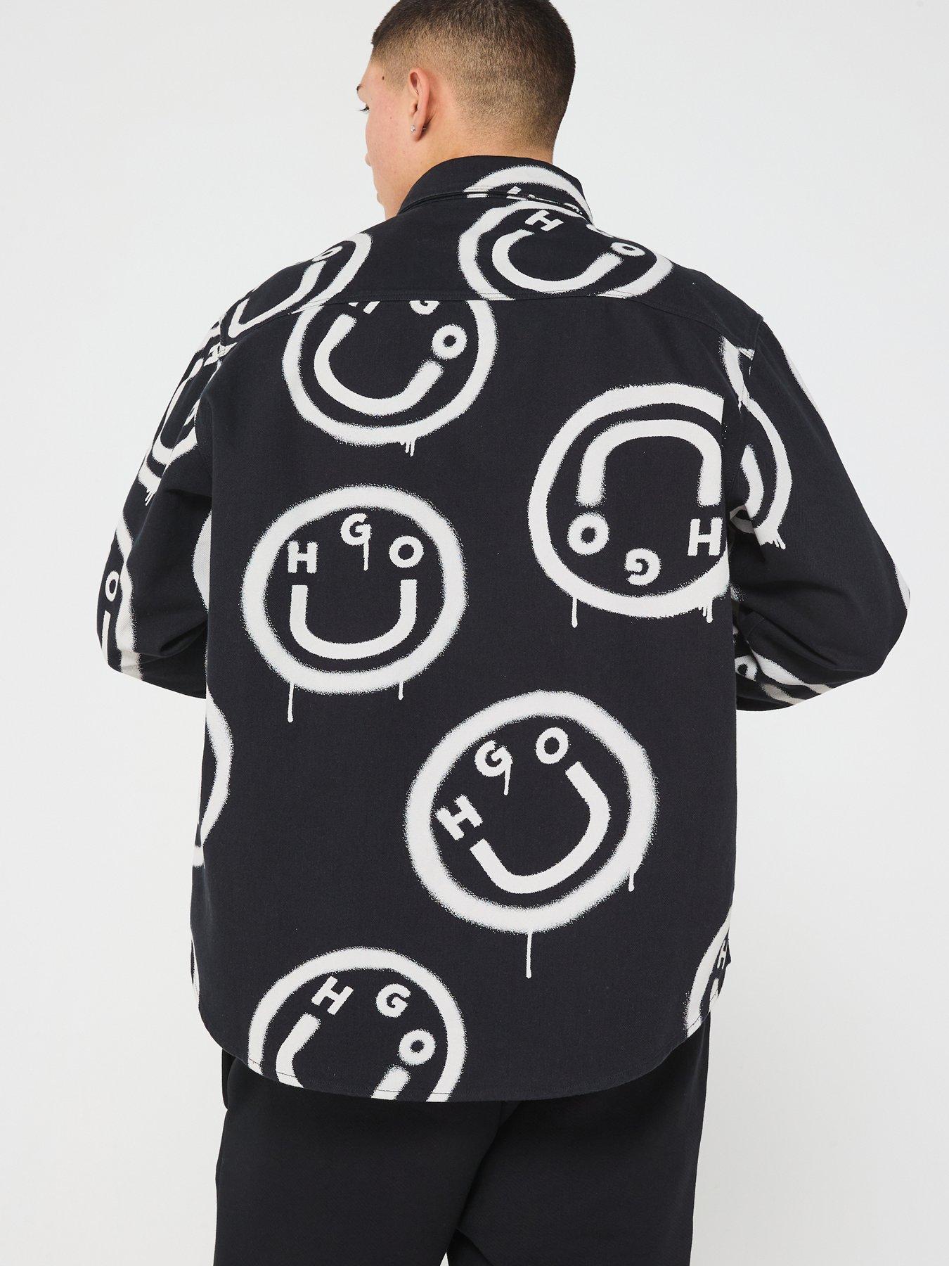 Image 2 of 5 of HUGO Blue Ebolt Oversize Fit Smiley Denim Shirt - Black