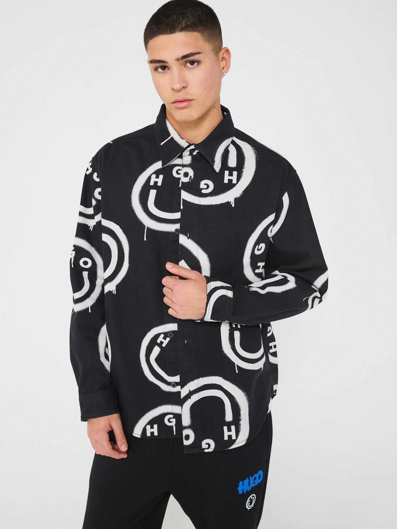 Image 5 of 5 of HUGO Blue Ebolt Oversize Fit Smiley Denim Shirt - Black