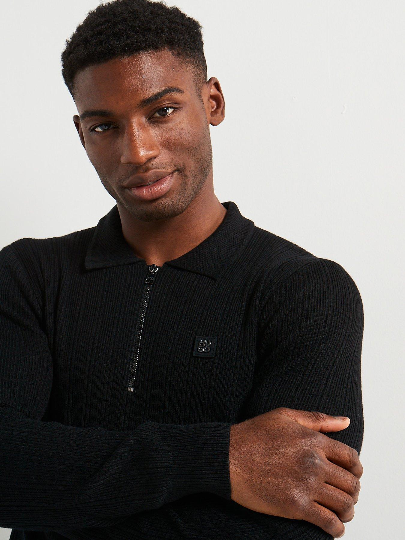 Image 4 of 4 of HUGO Hugo Sastoro Regular Fit 1/4 Zip Stacked Logo Knitted Polo - Black