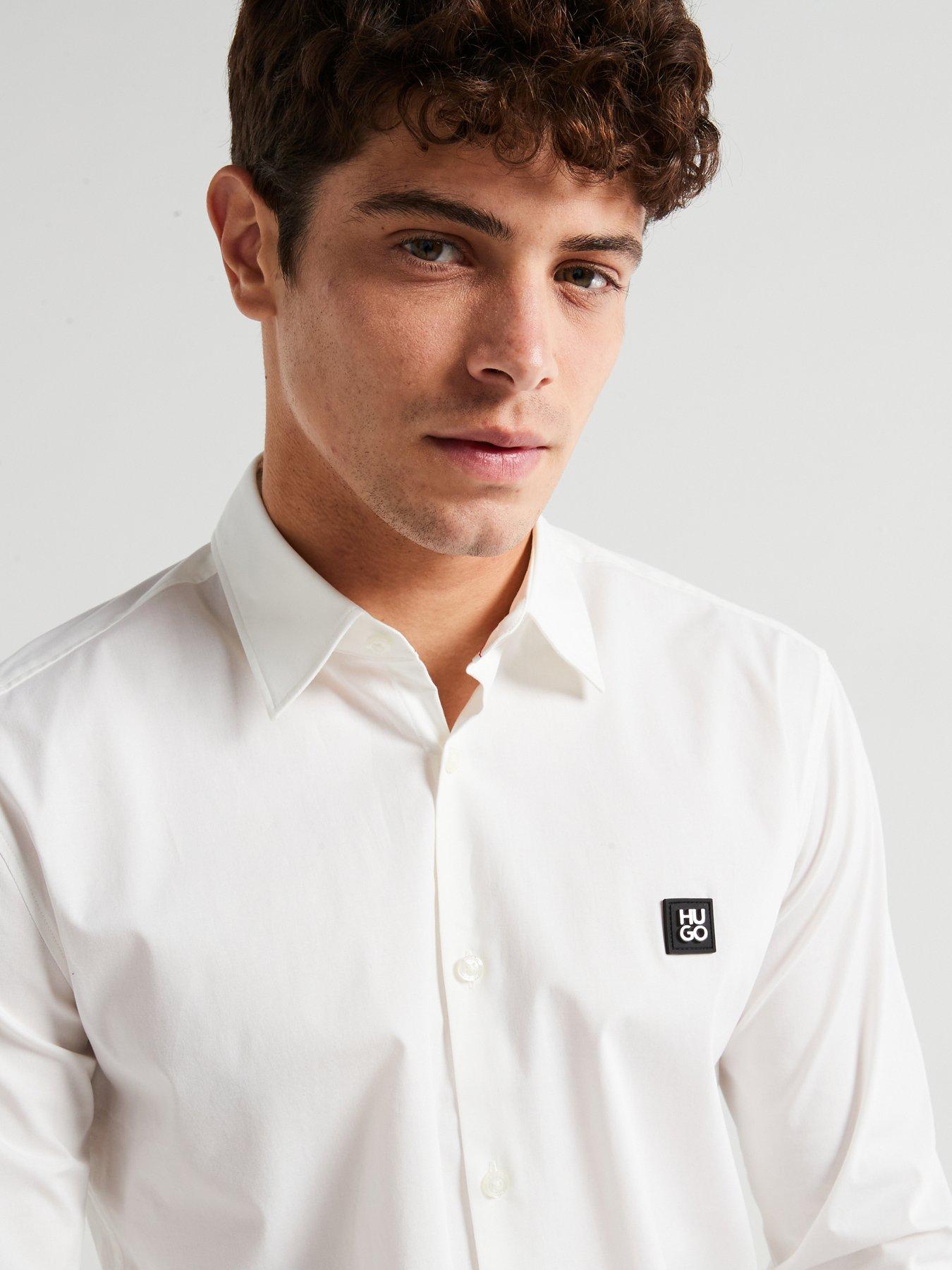 Image 1 of 5 of HUGO Ermo Stacked Nikal Logo Slim Fit Long Sleeve Shirt - White