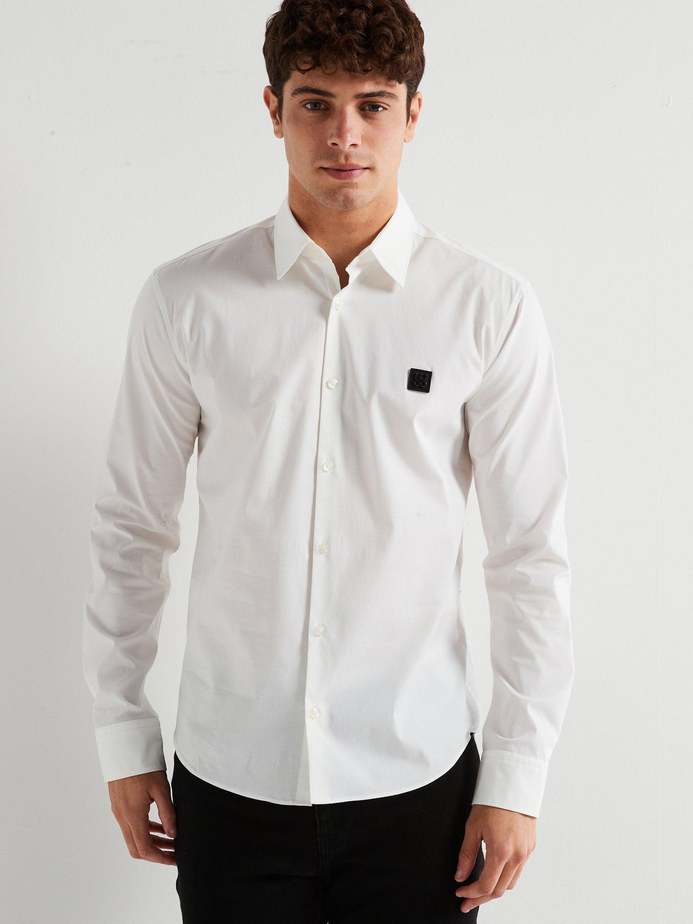 Image 4 of 5 of HUGO Ermo Stacked Nikal Logo Slim Fit Long Sleeve Shirt - White