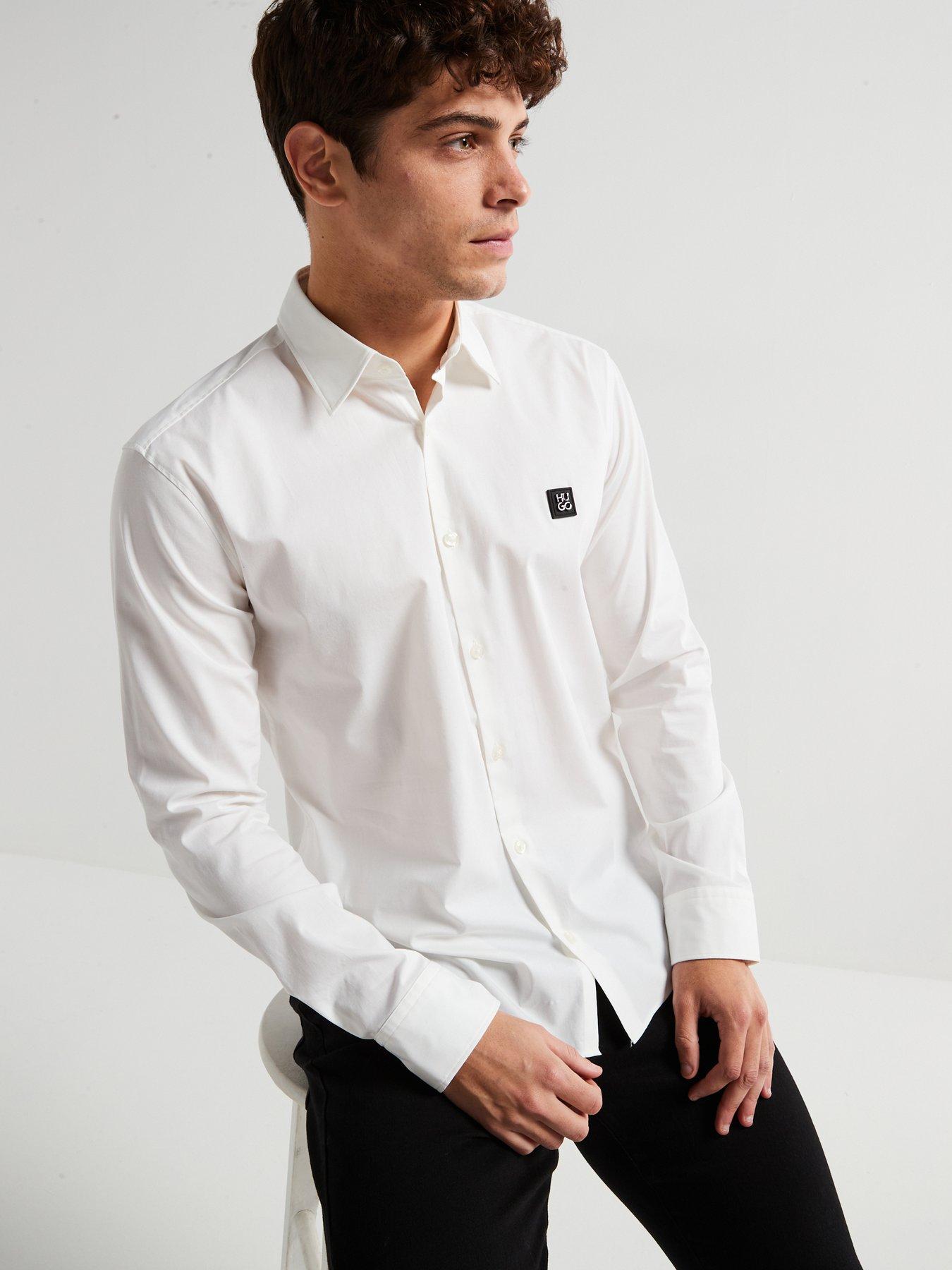 Image 5 of 5 of HUGO Ermo Stacked Nikal Logo Slim Fit Long Sleeve Shirt - White