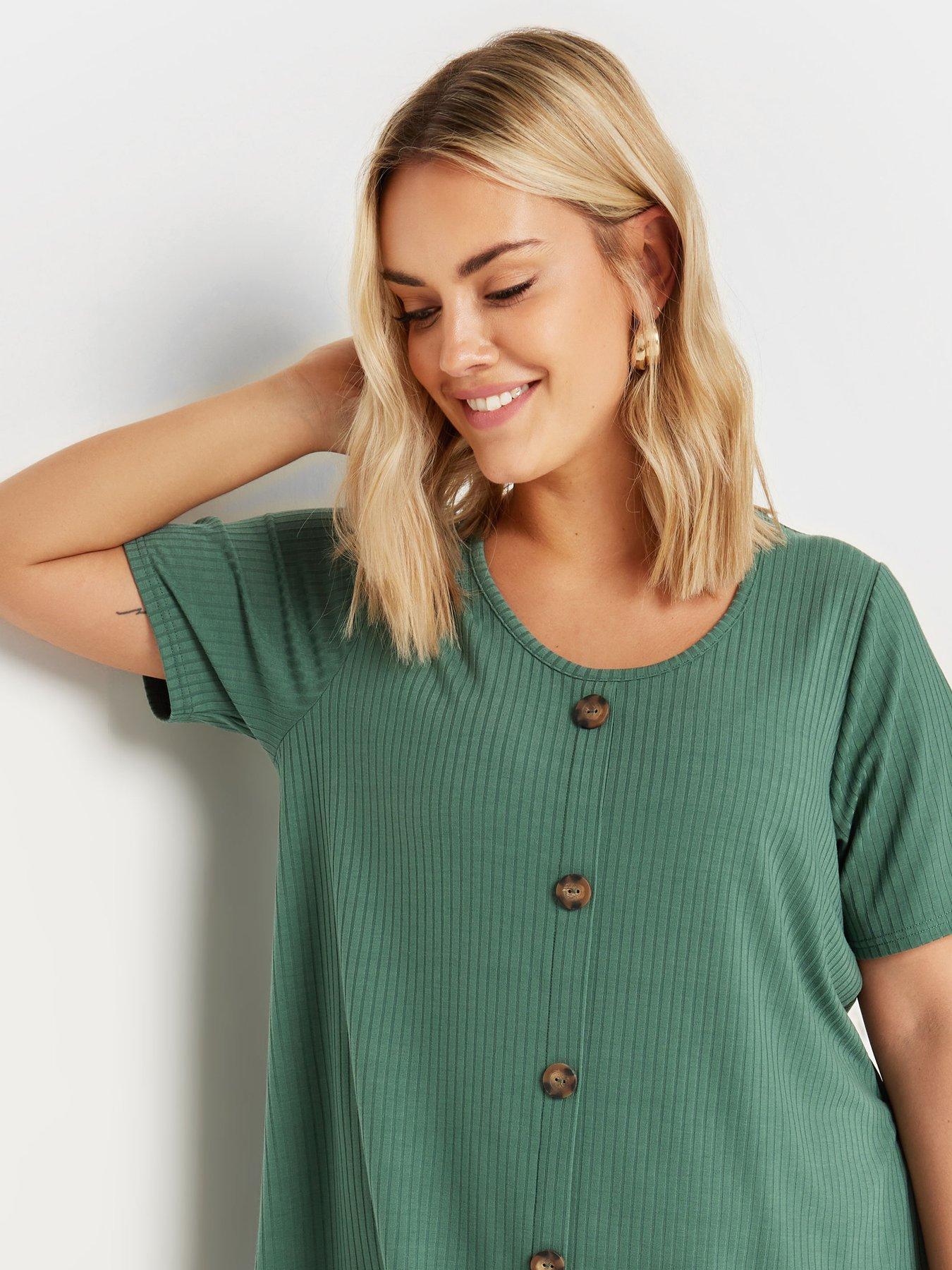 yours-curve-button-front-rib-t-shirt-greenoutfit