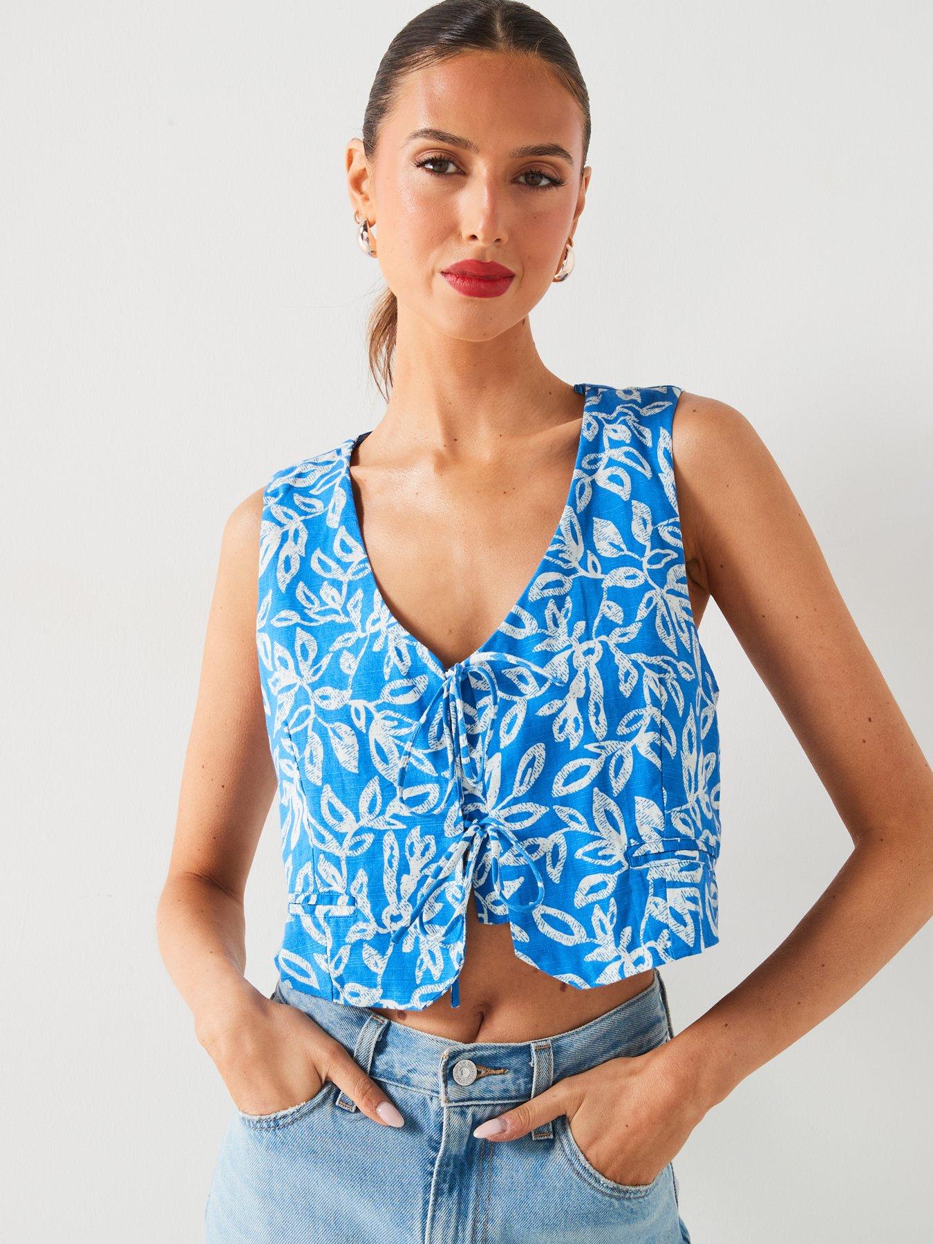 Image 4 of 6 of Mango Floral Print&nbsp;Tie Front Gilet - Blue