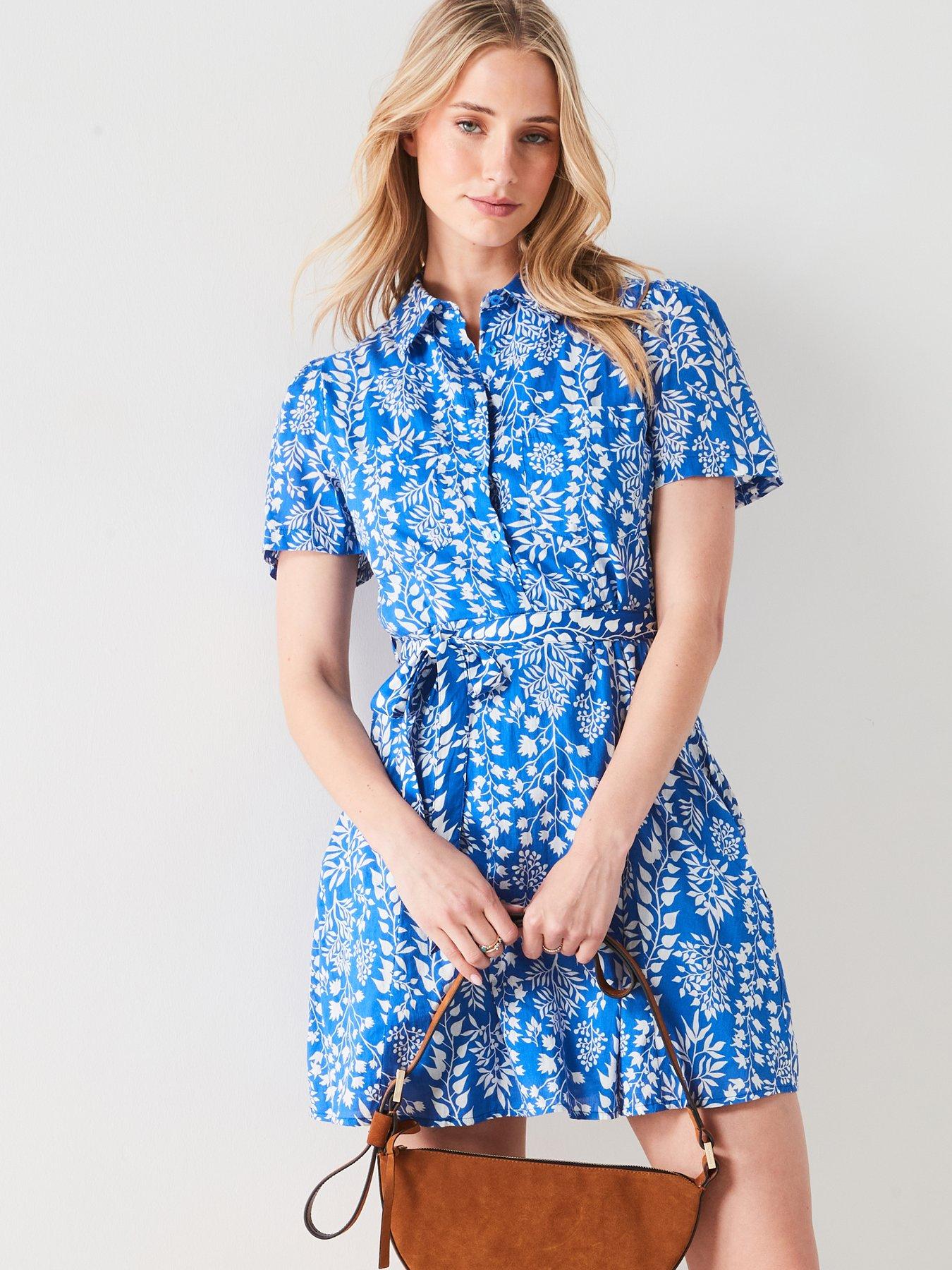 mango-printed-bow-shirt-dress-blue