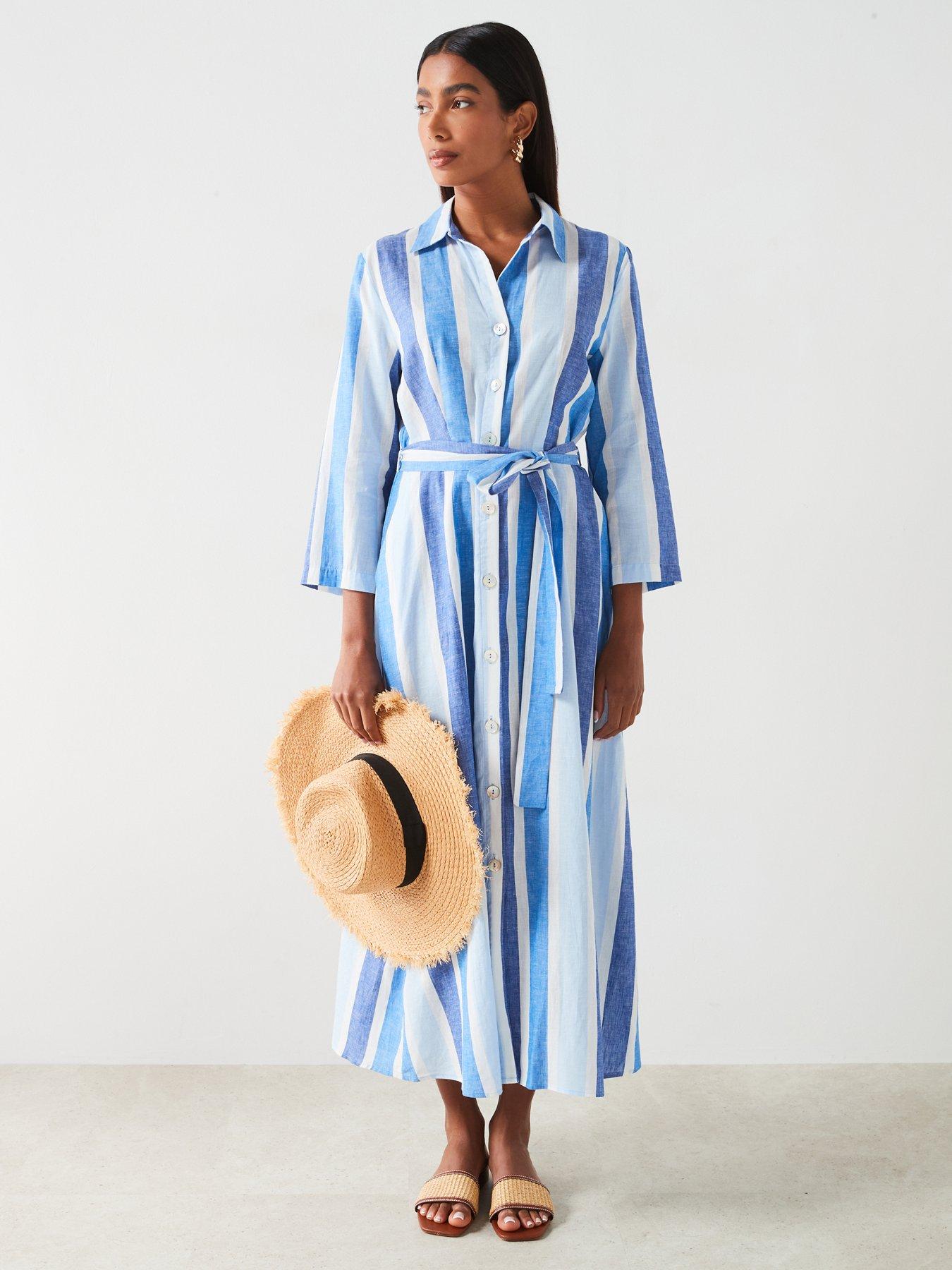 mango-belted-striped-shirt-dress-blue