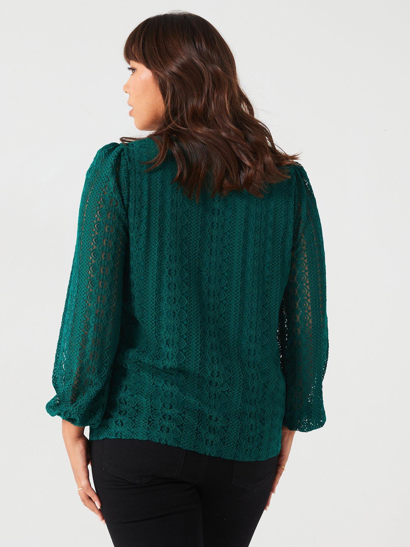 v-by-very-curve-lace-puffed-blouse-greenstillFront