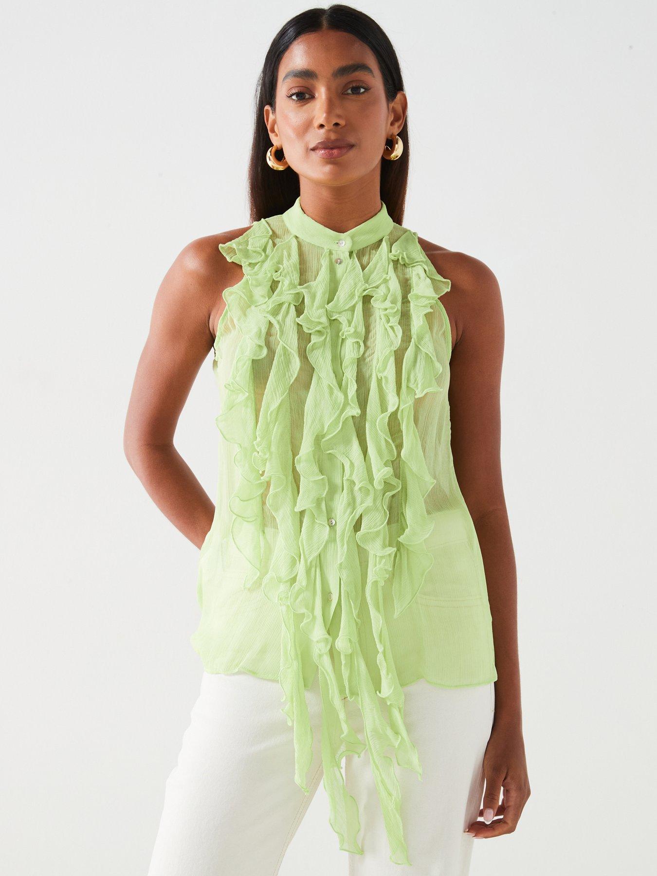 Image 1 of 6 of Mango Semi-Sheer Ruffled Blouse - Green