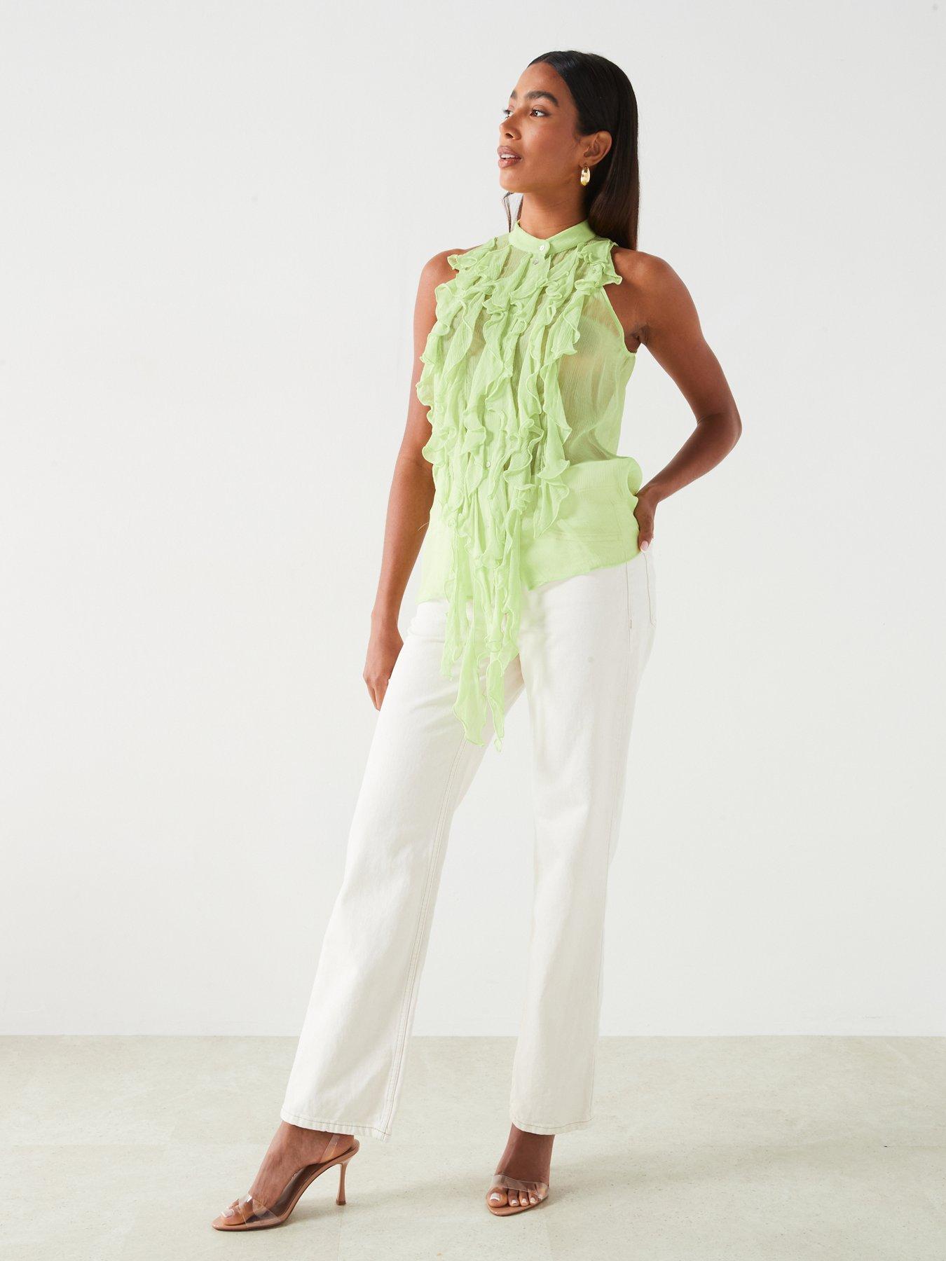 Image 3 of 6 of Mango Semi-Sheer Ruffled Blouse - Green