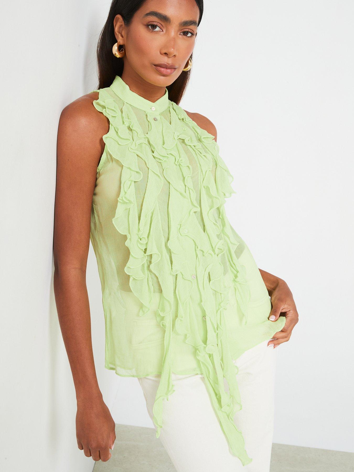 Image 6 of 6 of Mango Semi-Sheer Ruffled Blouse - Green