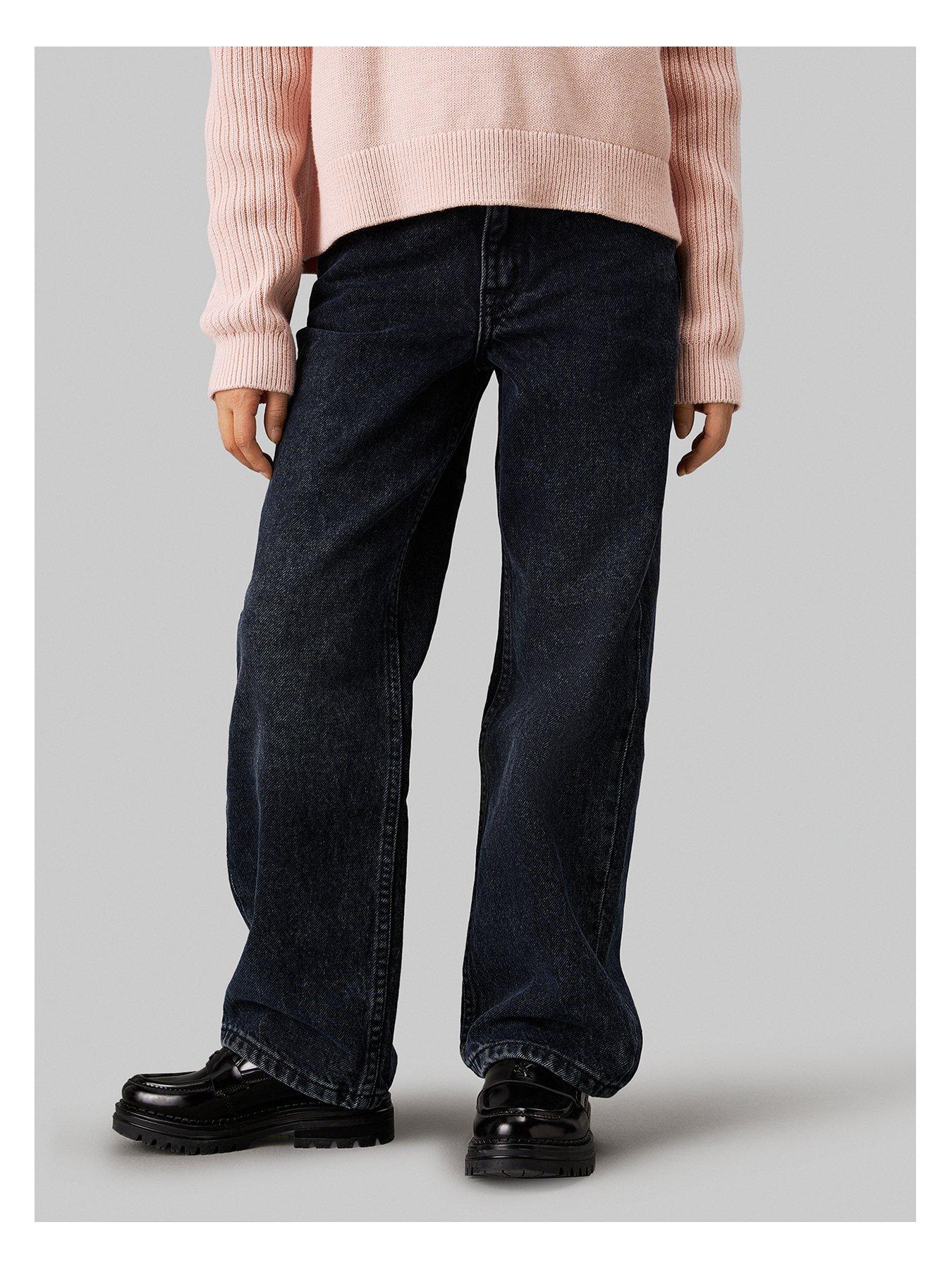 Image 1 of 3 of Calvin Klein Jeans Girls Wide Leg Blue Black Rigid Denim Jeans - Black