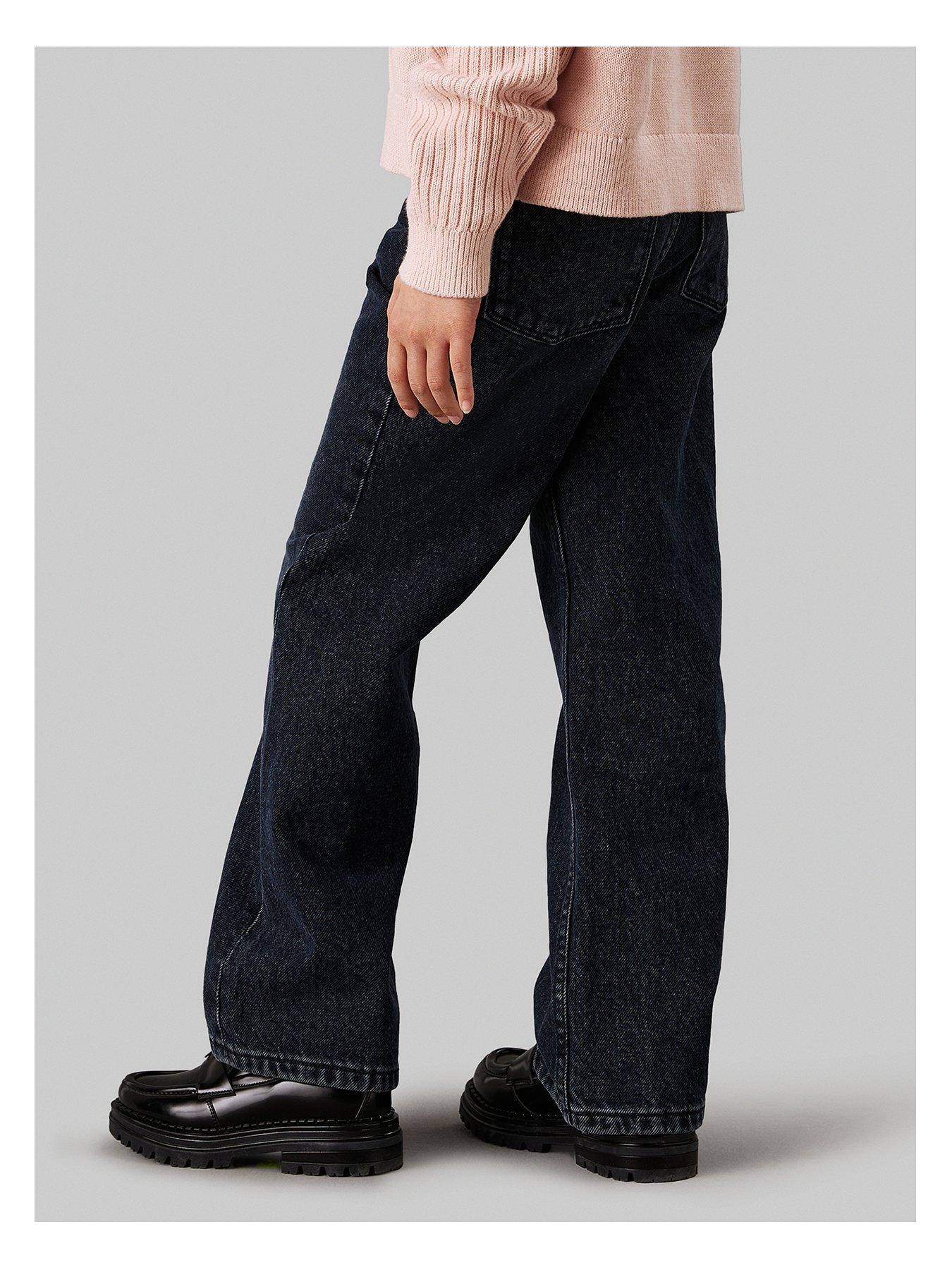 Image 3 of 3 of Calvin Klein Jeans Girls Wide Leg Blue Black Rigid Denim Jeans - Black