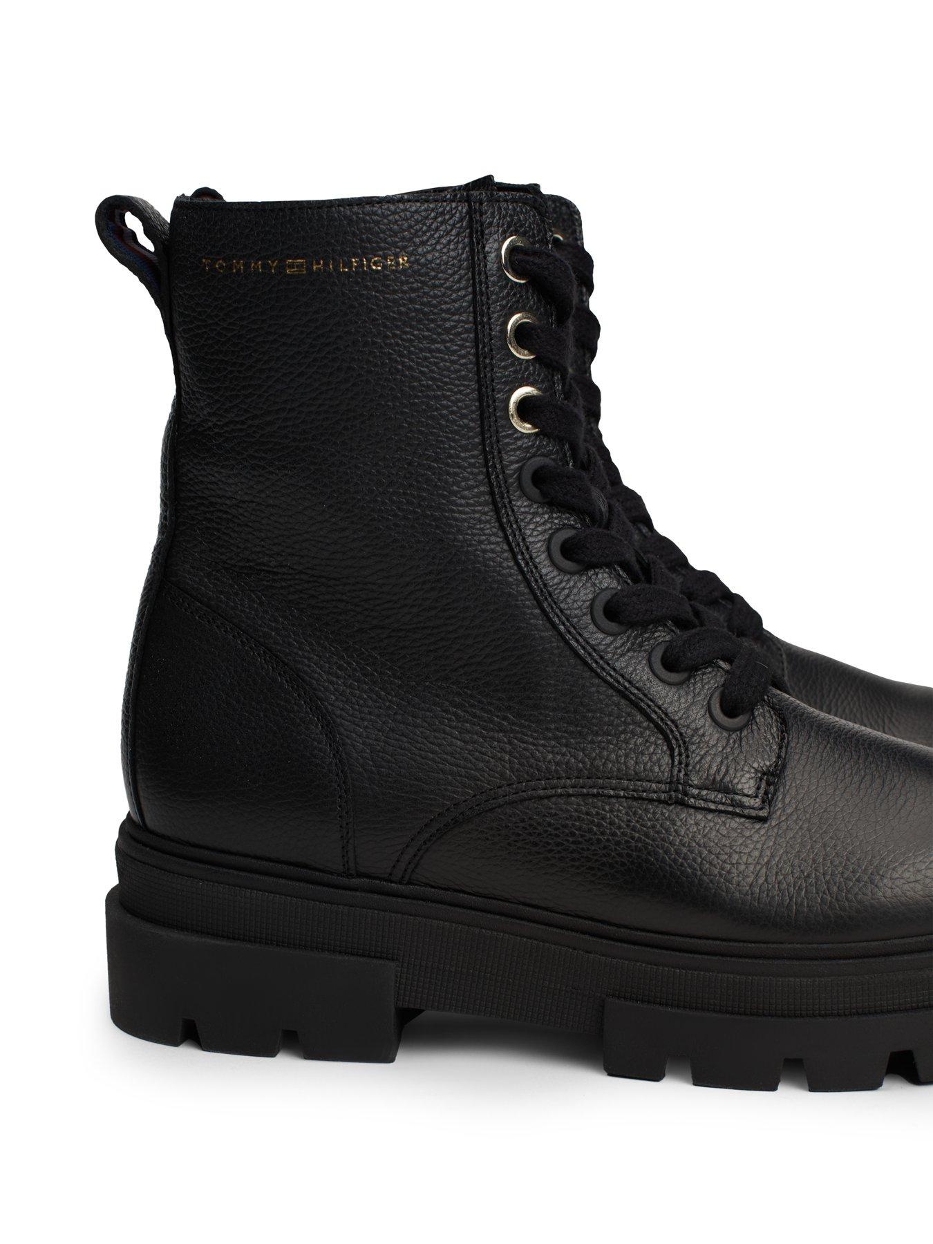 Image 5 of 5 of Tommy Hilfiger Lace Up Leather Biker Boots - Black