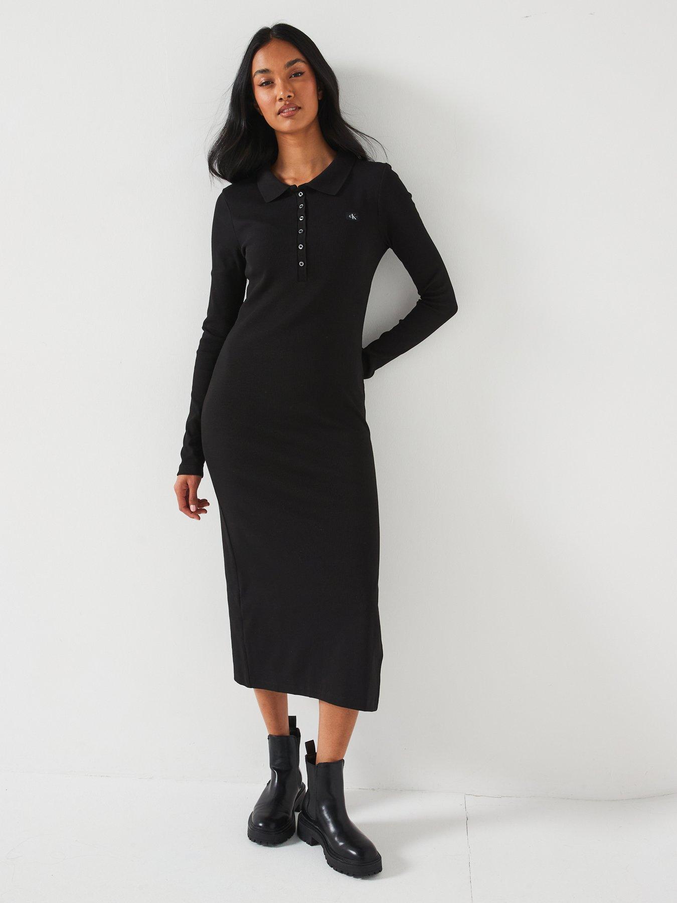 calvin-klein-jeans-woven-label-ribbed-polo-long-sleeve-midi-dress-black