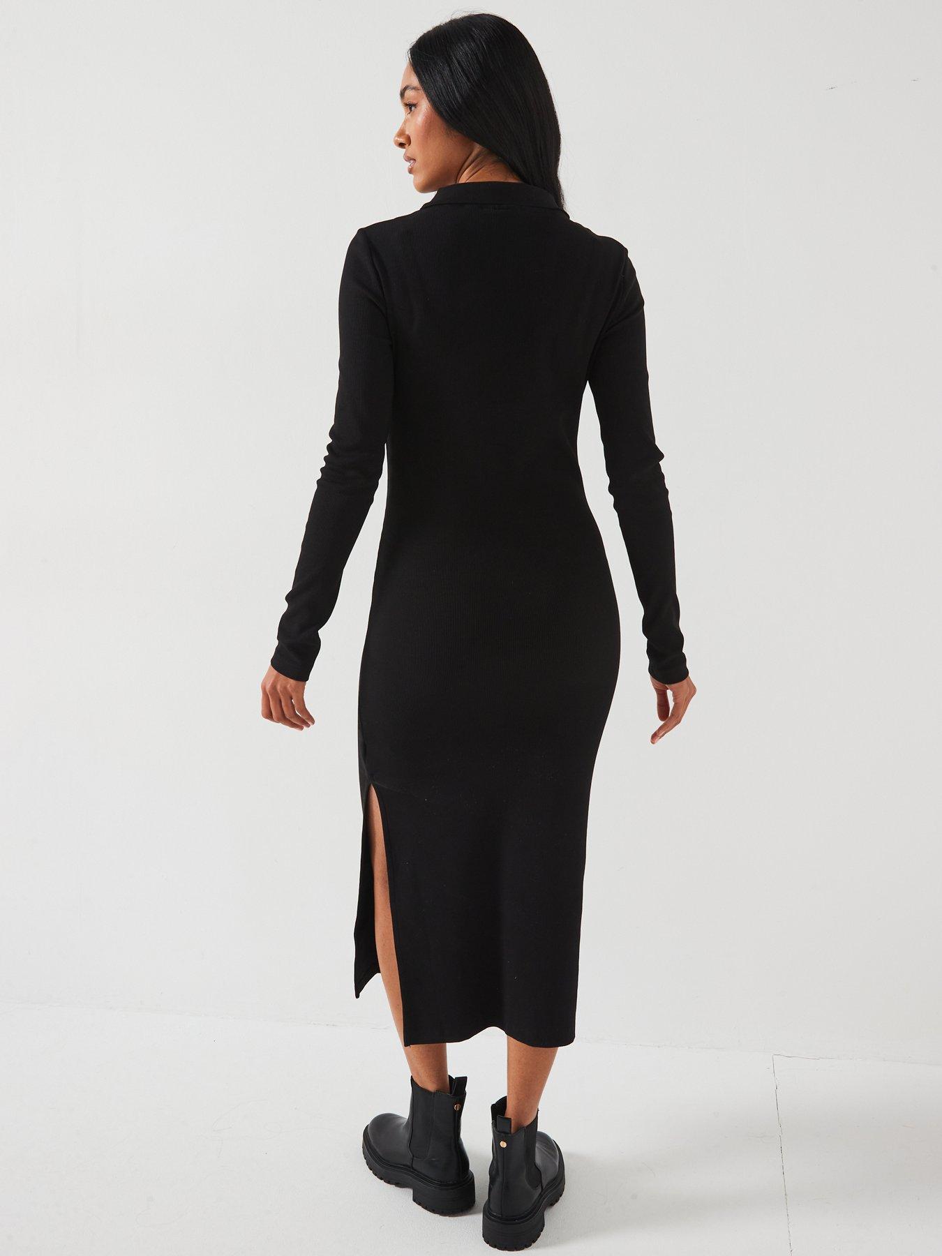 calvin-klein-jeans-woven-label-ribbed-polo-long-sleeve-midi-dress-blackstillFront