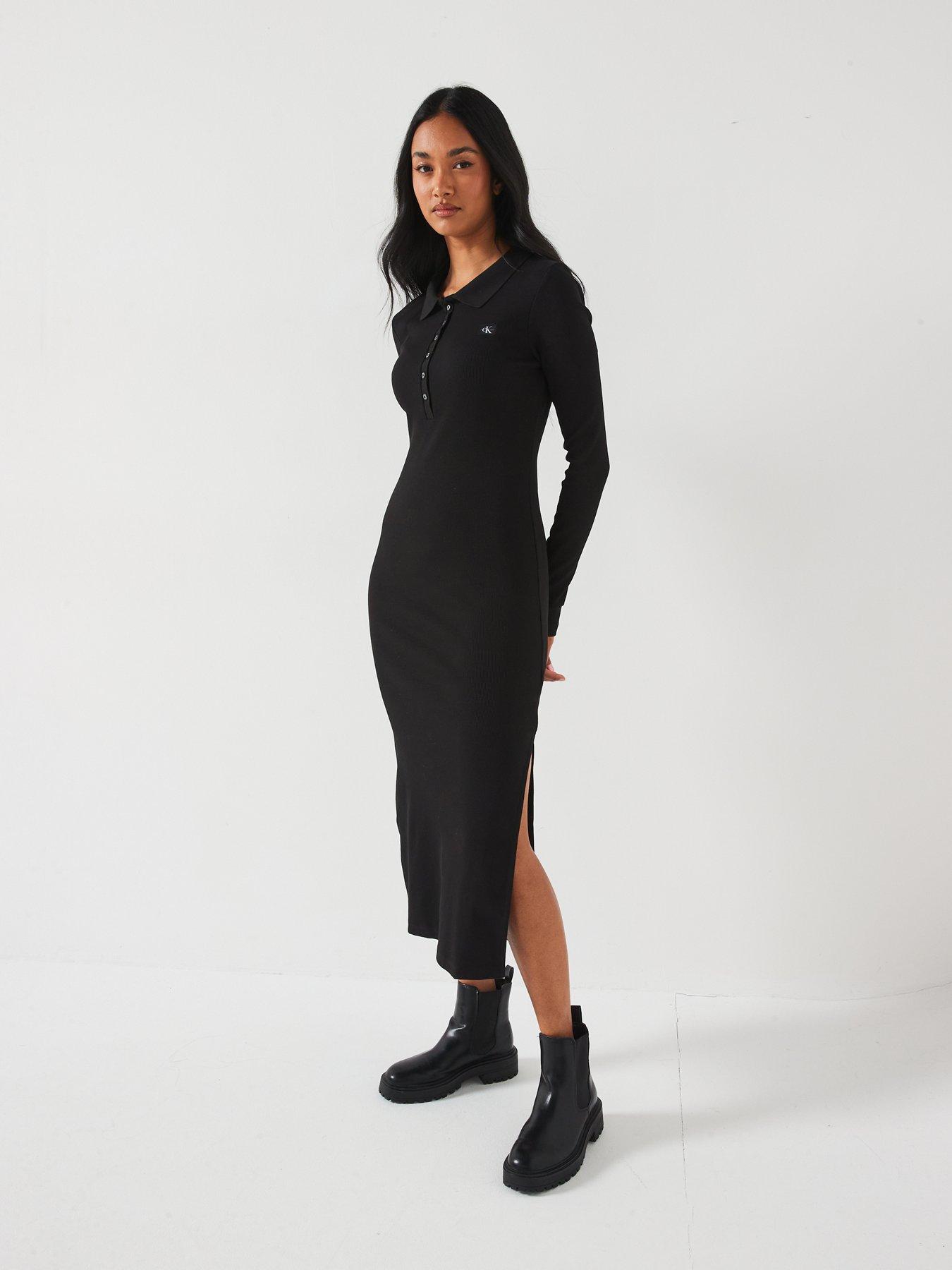 calvin-klein-jeans-woven-label-ribbed-polo-long-sleeve-midi-dress-blackback