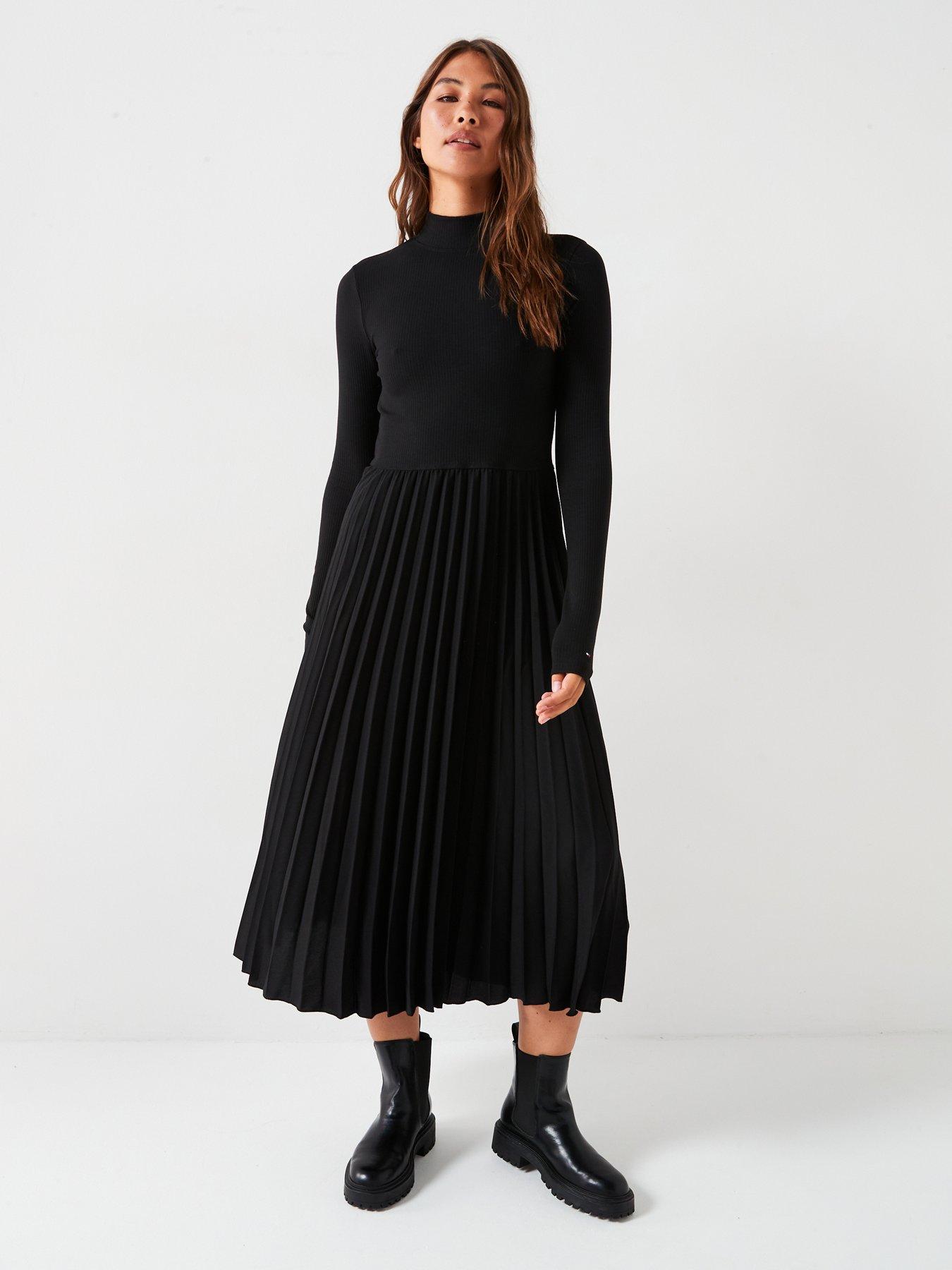 tommy-hilfiger-pleated-long-sleeve-dress-black