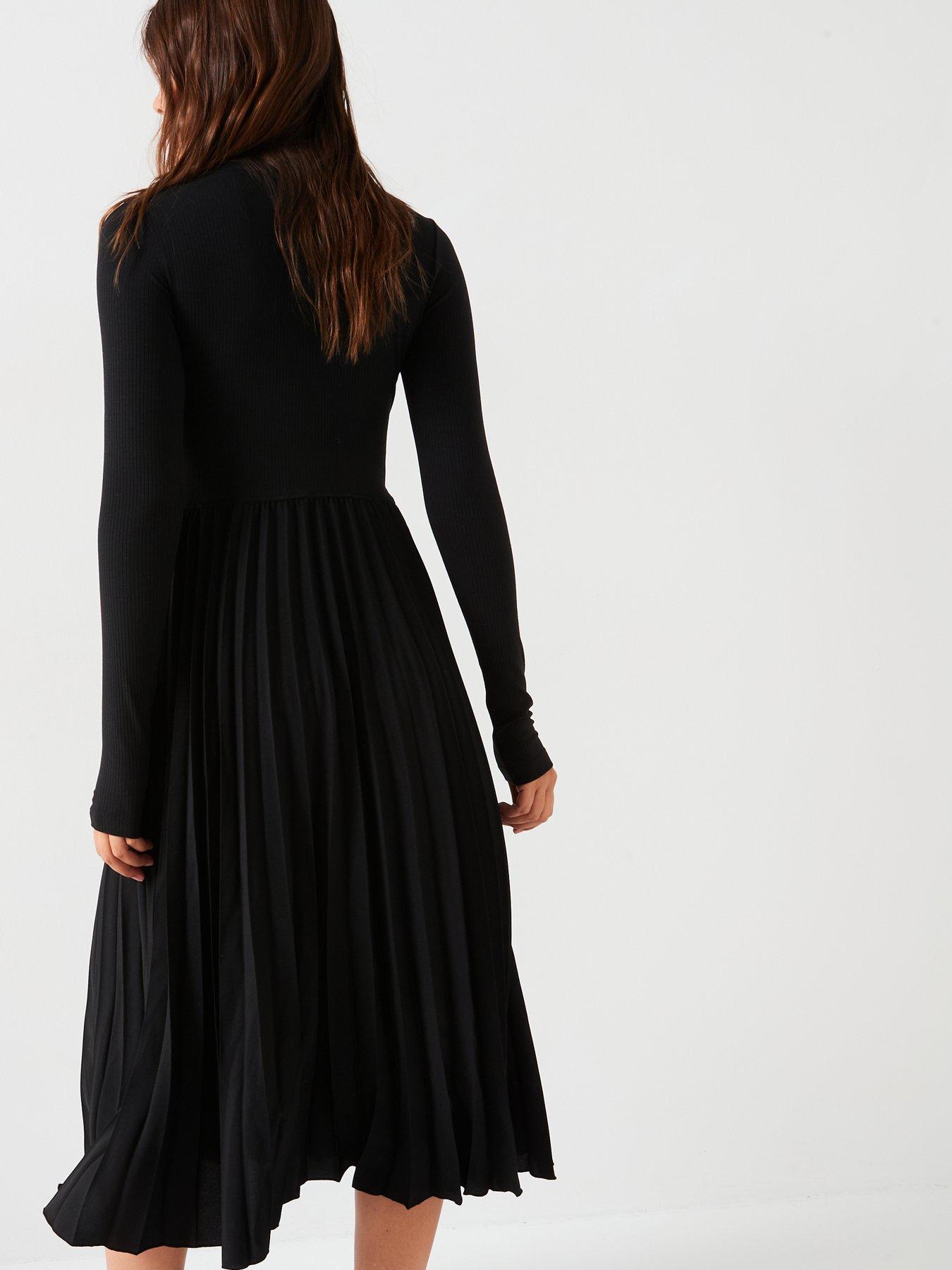 tommy-hilfiger-pleated-long-sleeve-dress-blackstillFront