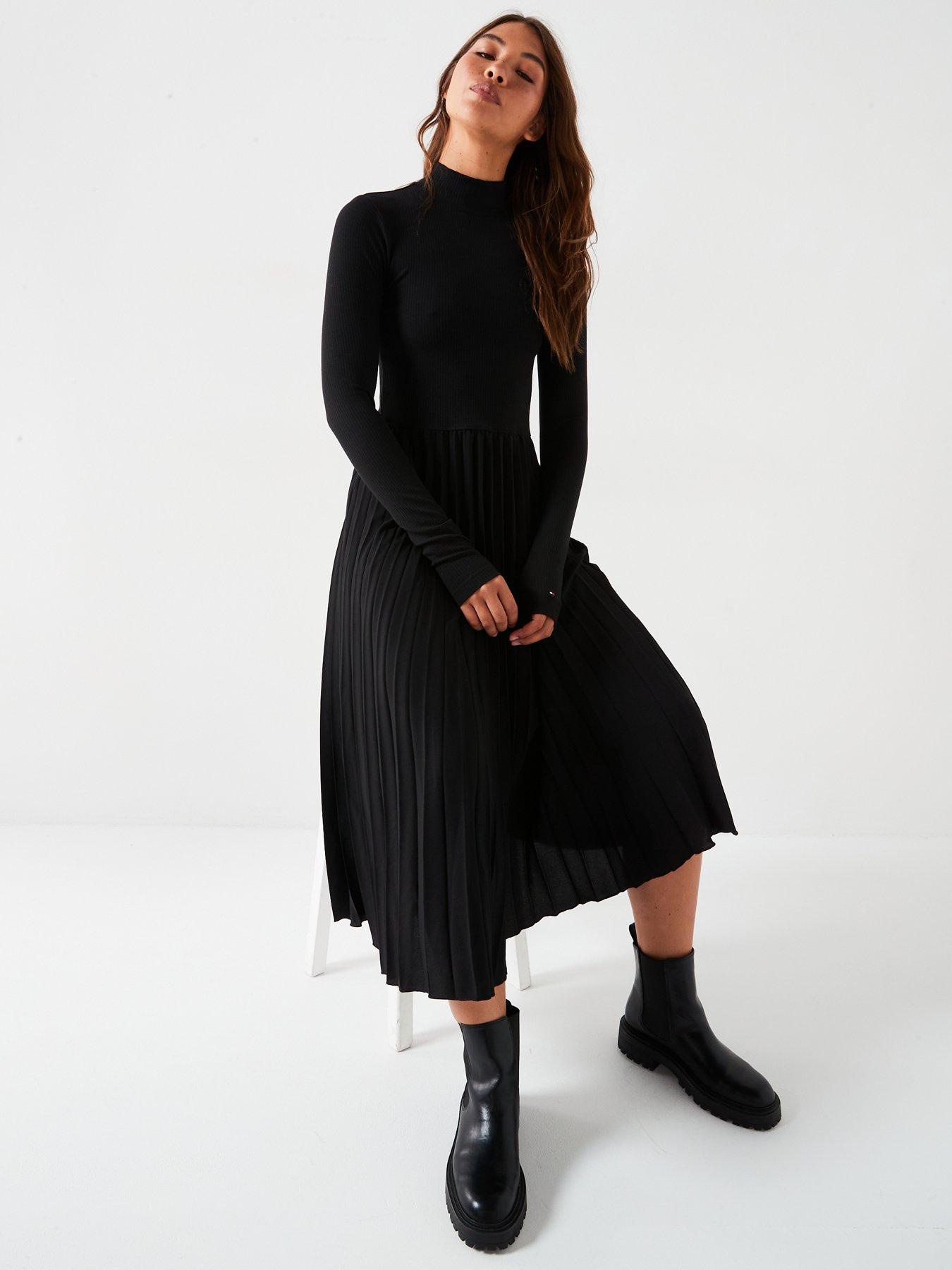 tommy-hilfiger-pleated-long-sleeve-dress-blackback