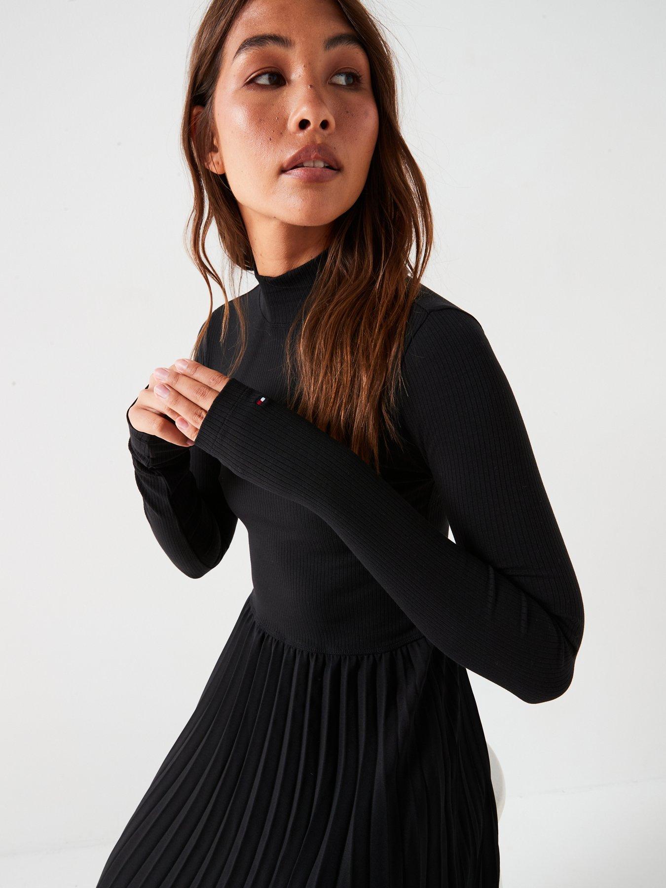 tommy-hilfiger-pleated-long-sleeve-dress-blackoutfit