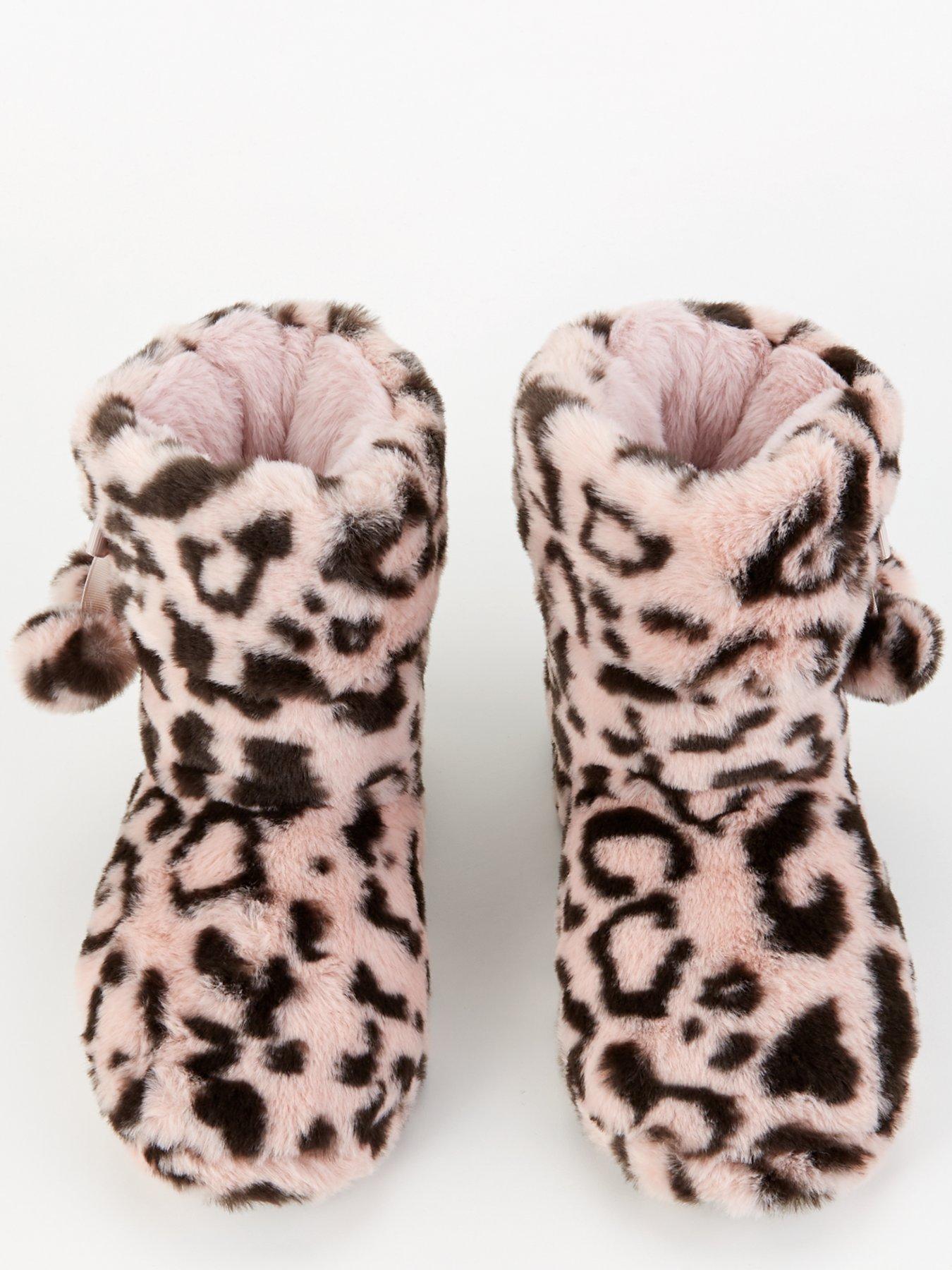 Image 4 of 7 of Everyday Leopard Slipper Boot With Poms - Pink/Black