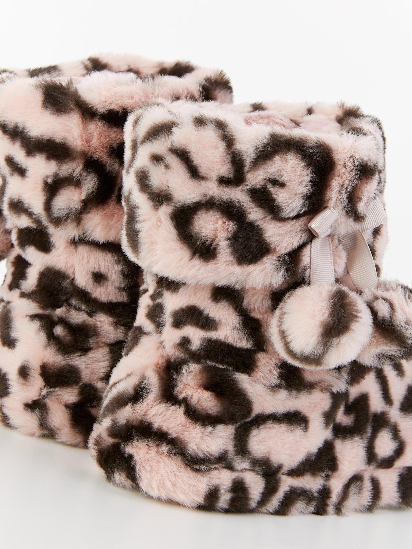 Image 7 of 7 of Everyday Leopard Slipper Boot With Poms - Pink/Black