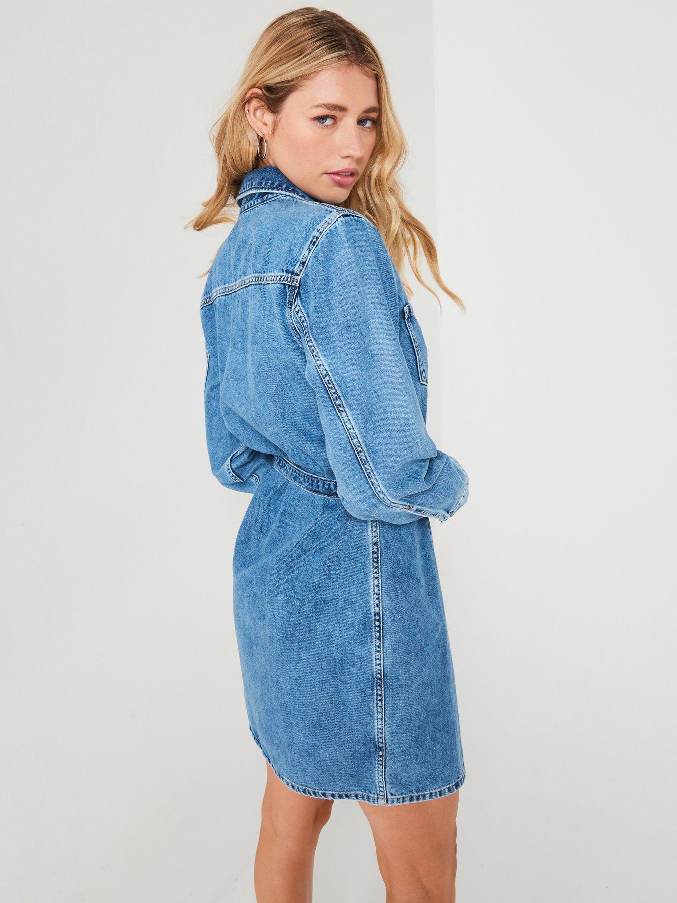 calvin-klein-jeans-long-sleeve-belted-denim-shirt-dress-bluestillFront